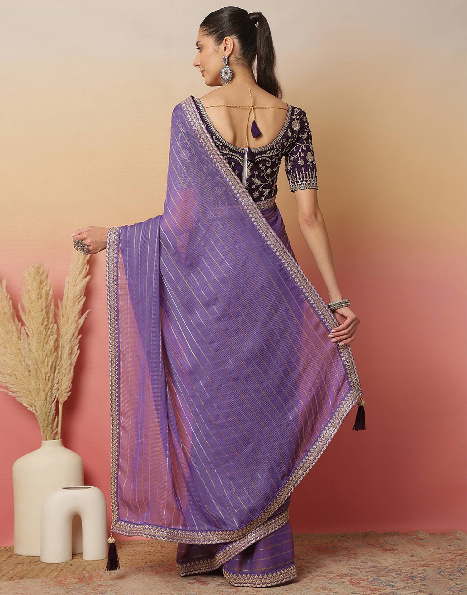 Light Dusty Purple Georgette Zari Stripe Lace Saree