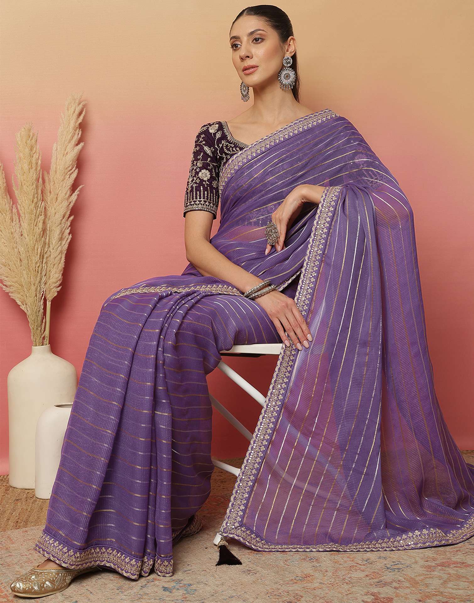 Light Dusty Purple Georgette Zari Stripe Lace Saree