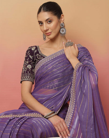 Light Dusty Purple Georgette Zari Stripe Lace Saree