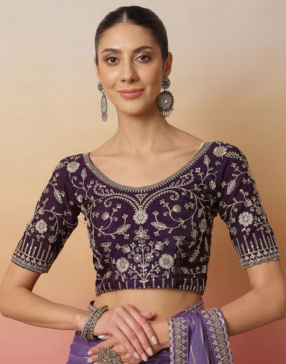 Light Dusty Purple Georgette Zari Stripe Lace Saree