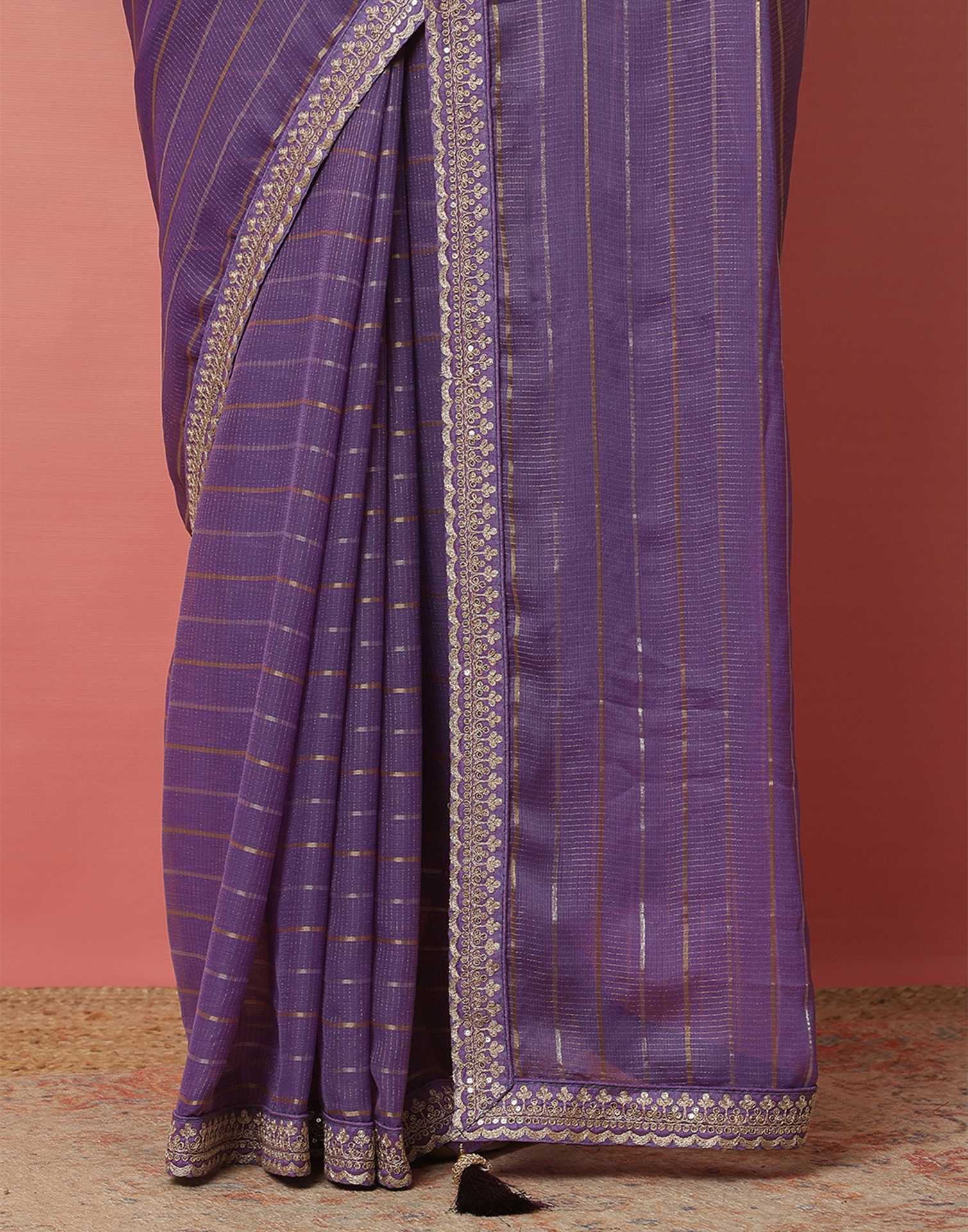Light Dusty Purple Georgette Zari Stripe Lace Saree