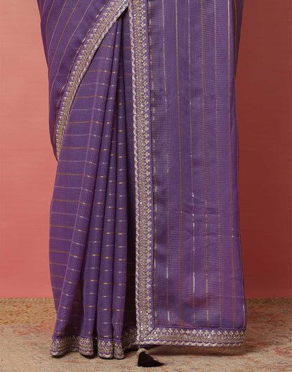 Light Dusty Purple Georgette Zari Stripe Lace Saree
