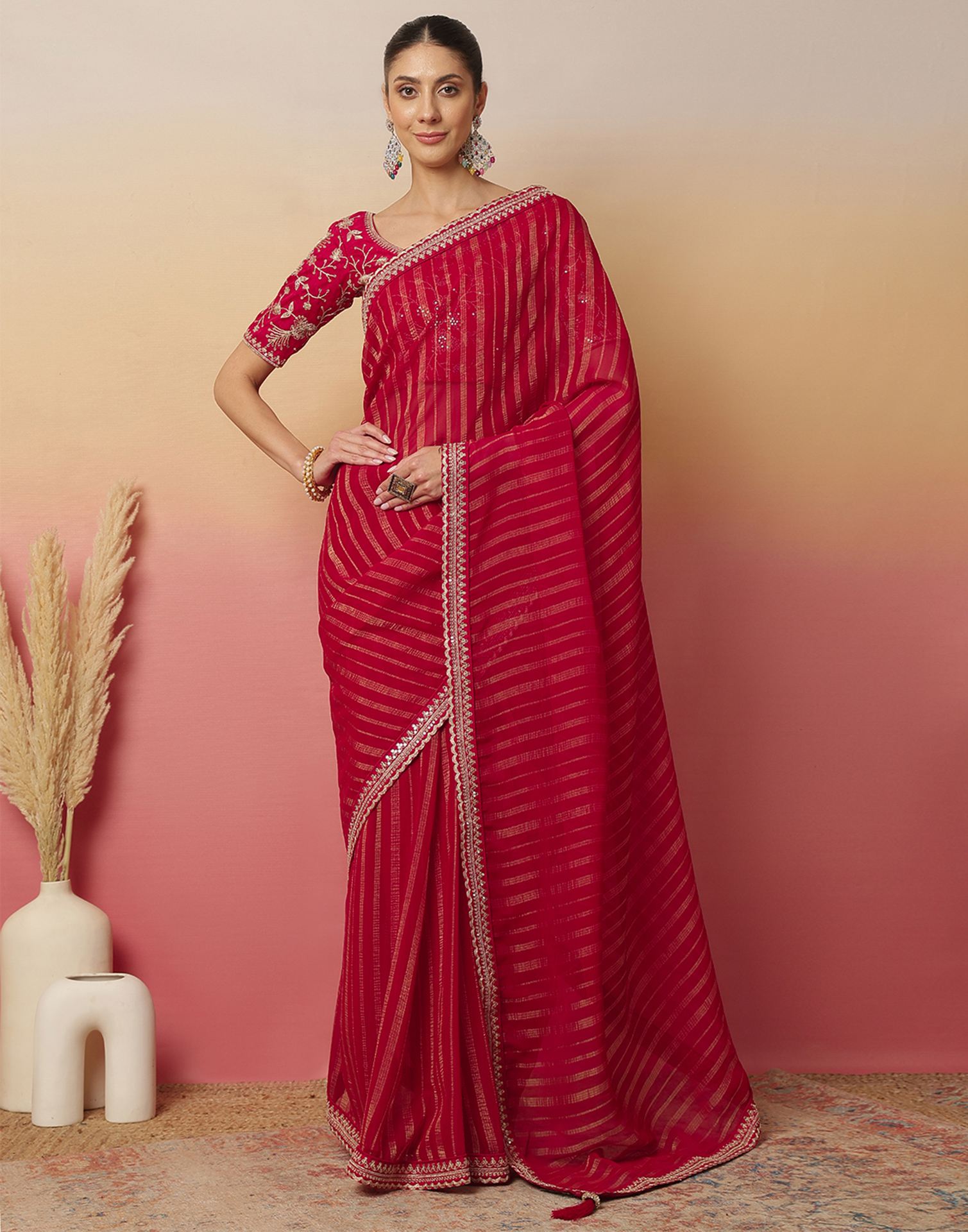 Dark Rani Pink Georgette Zari Stripe Lace Saree
