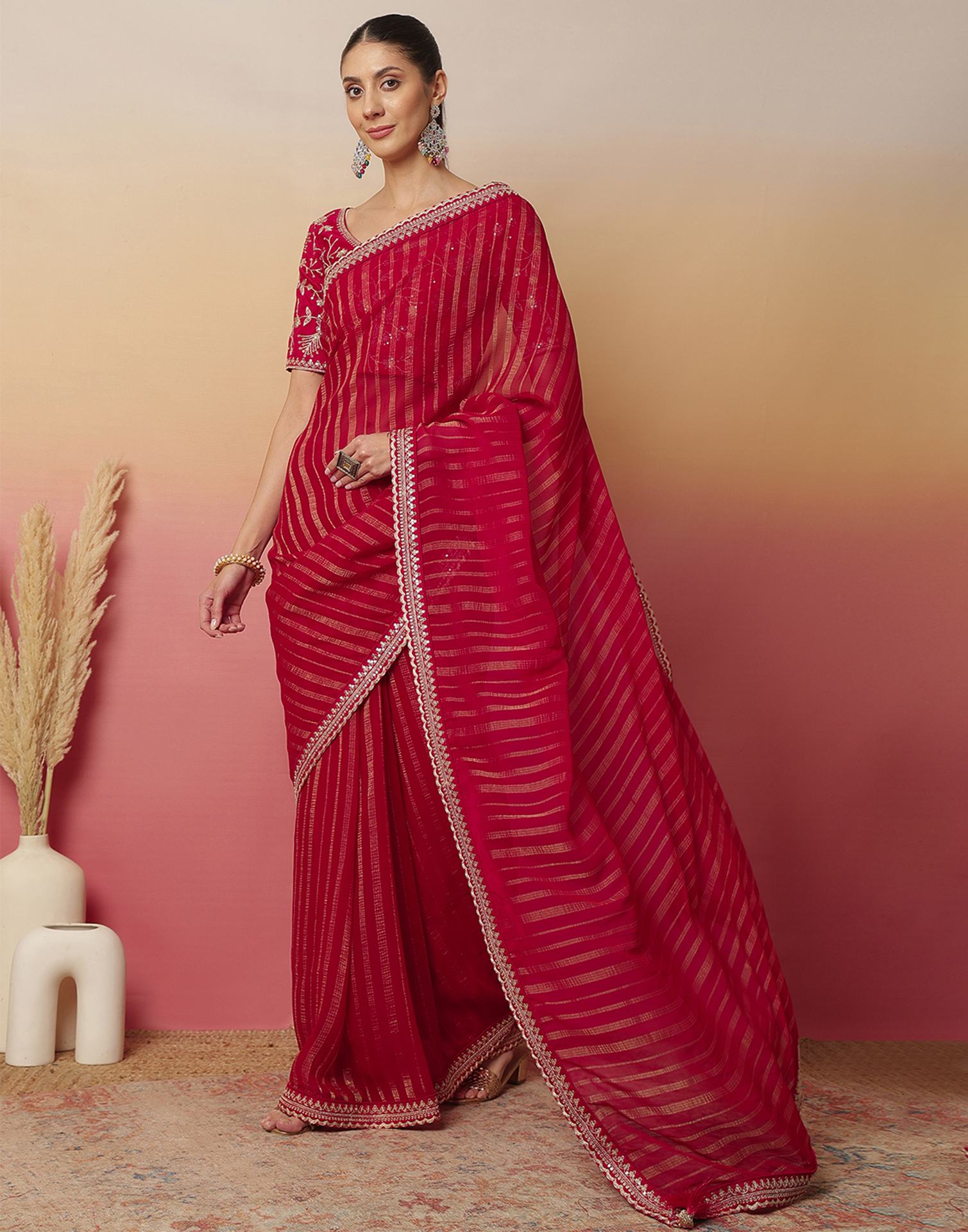 Dark Rani Pink Georgette Zari Stripe Lace Saree