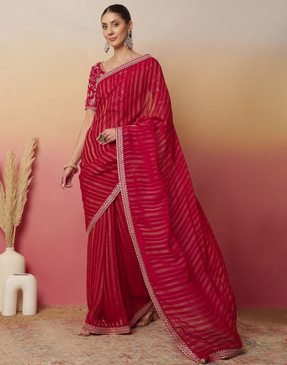 Dark Rani Pink Georgette Zari Stripe Lace Saree