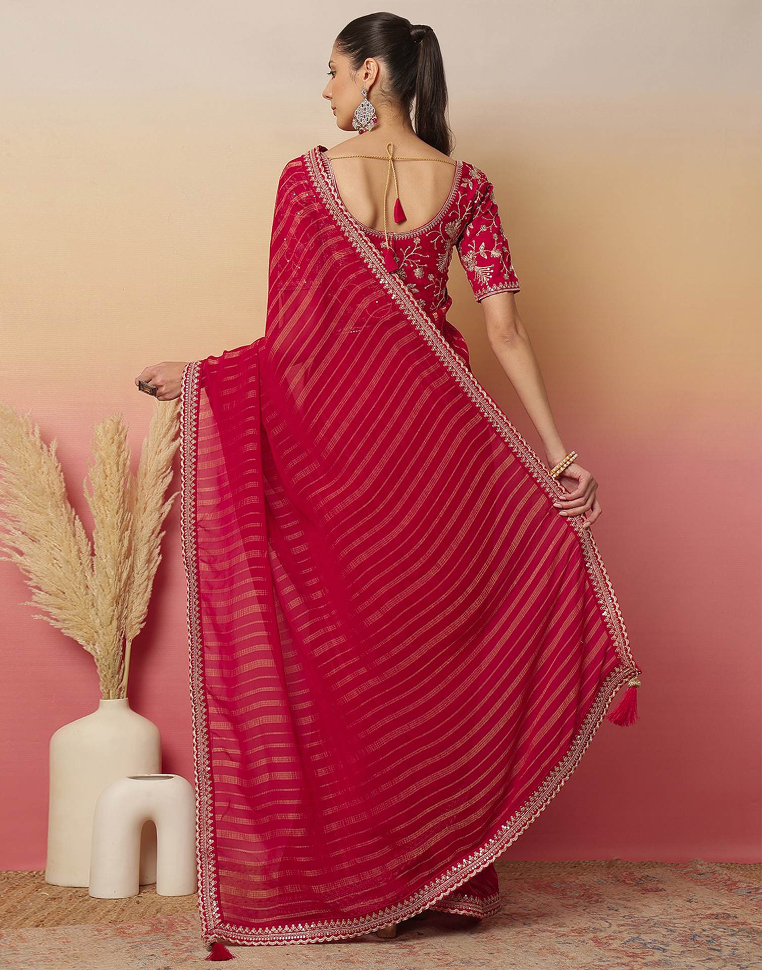 Dark Rani Pink Georgette Zari Stripe Lace Saree