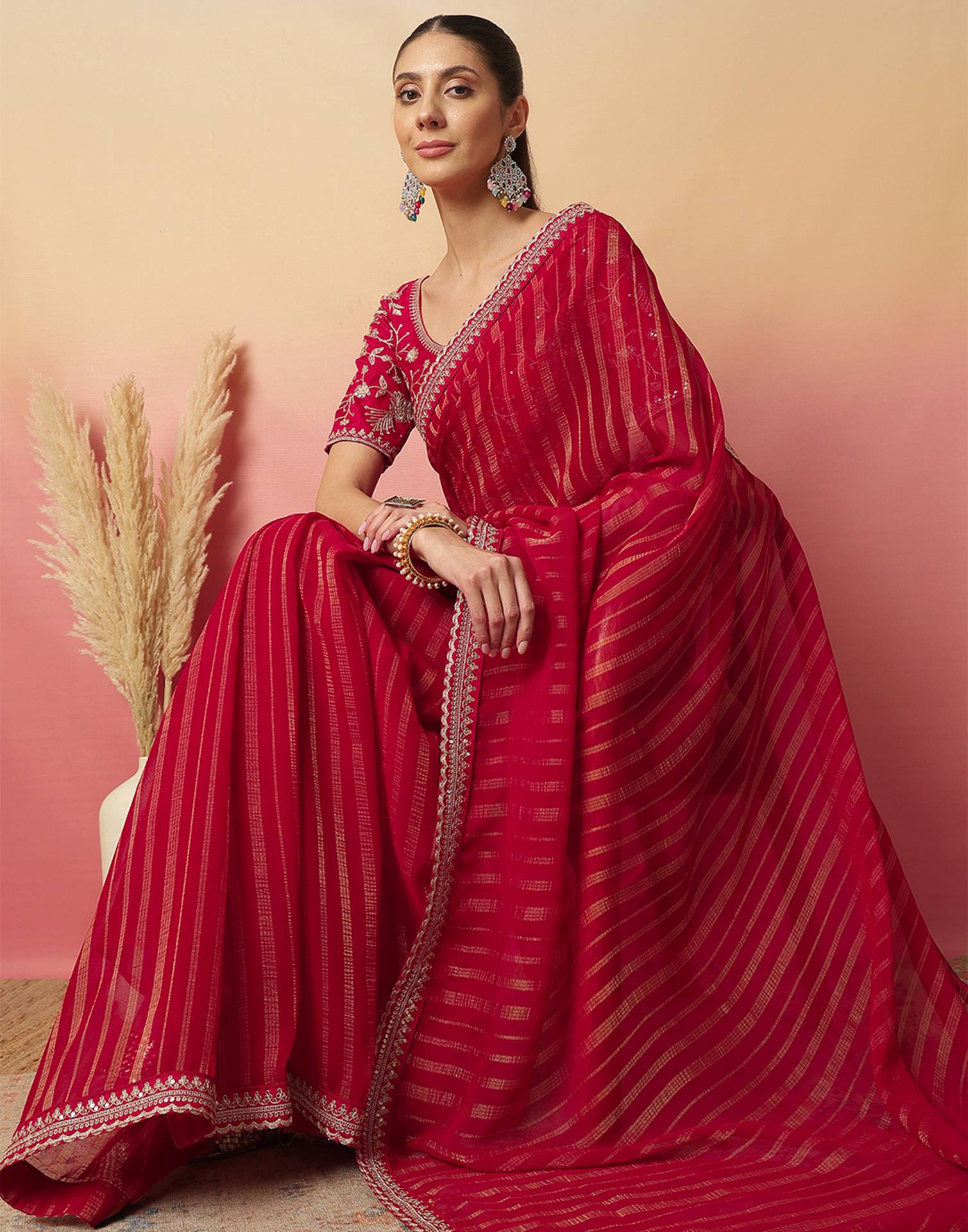 Dark Rani Pink Georgette Zari Stripe Lace Saree