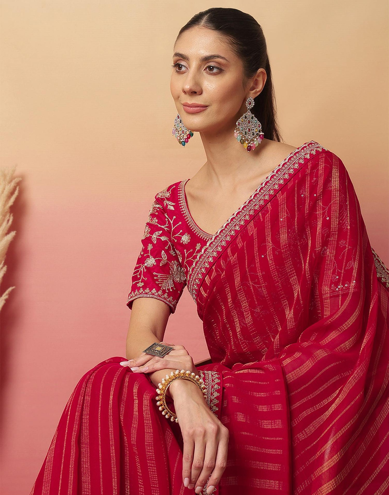 Dark Rani Pink Georgette Zari Stripe Lace Saree