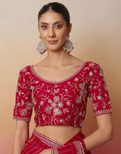 Dark Rani Pink Georgette Zari Stripe Lace Saree
