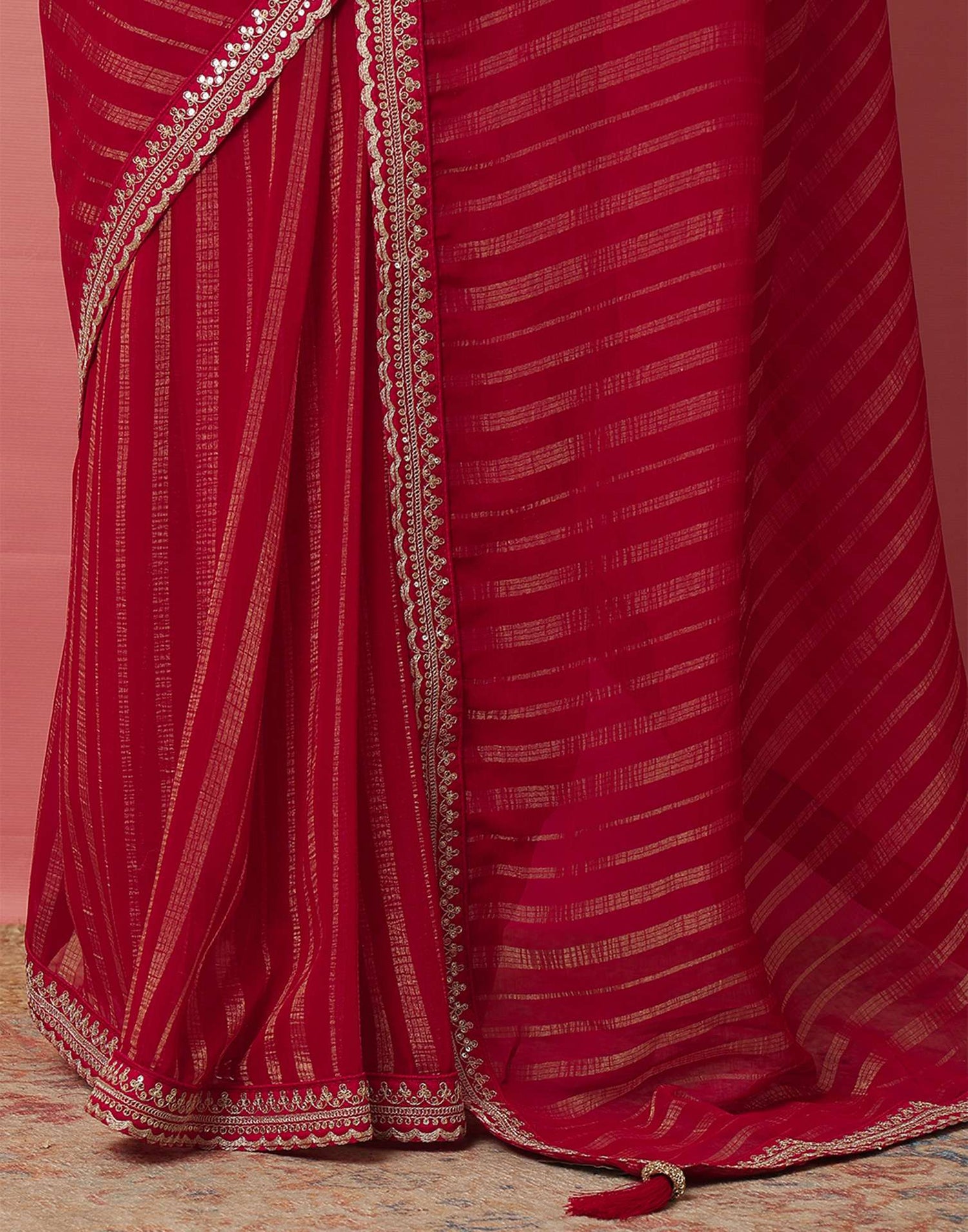 Dark Rani Pink Georgette Zari Stripe Lace Saree
