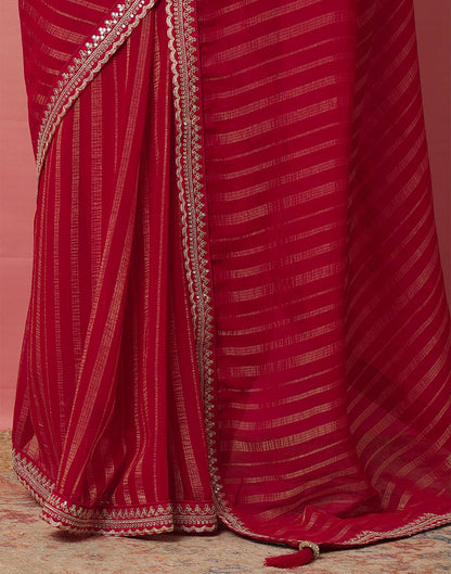 Dark Rani Pink Georgette Zari Stripe Lace Saree