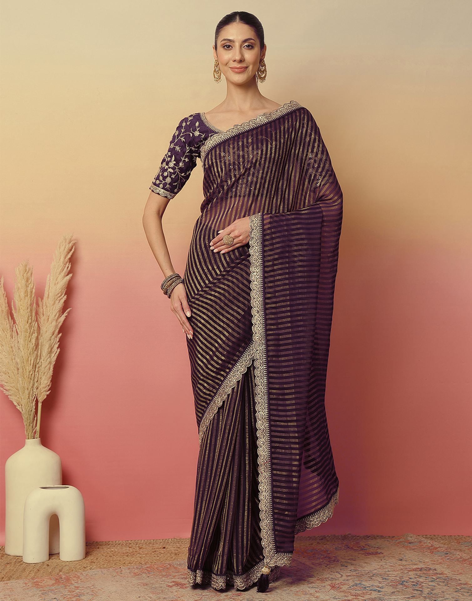 Dark Purple Georgette Zari Stripe Lace Saree