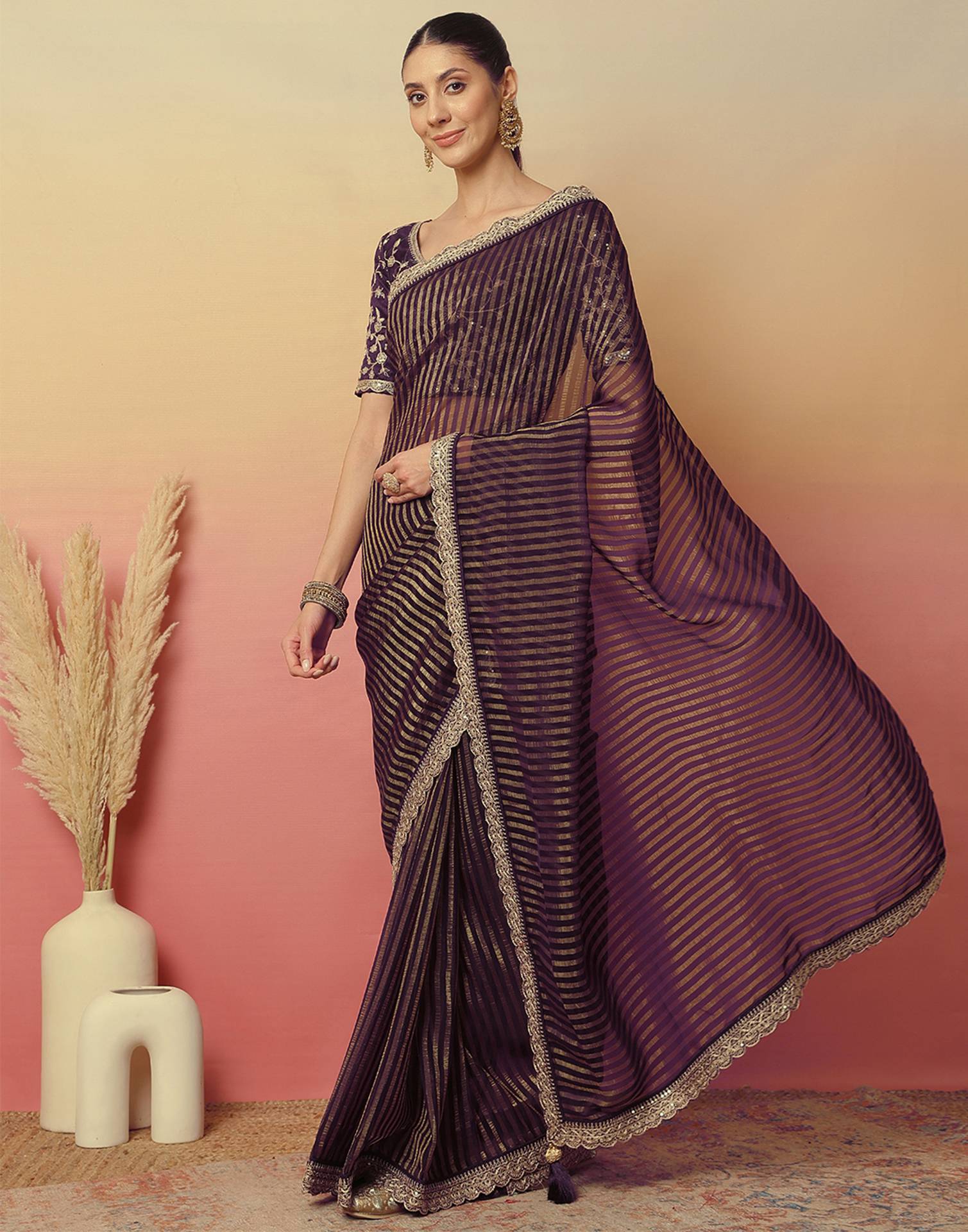 Dark Purple Georgette Zari Stripe Lace Saree