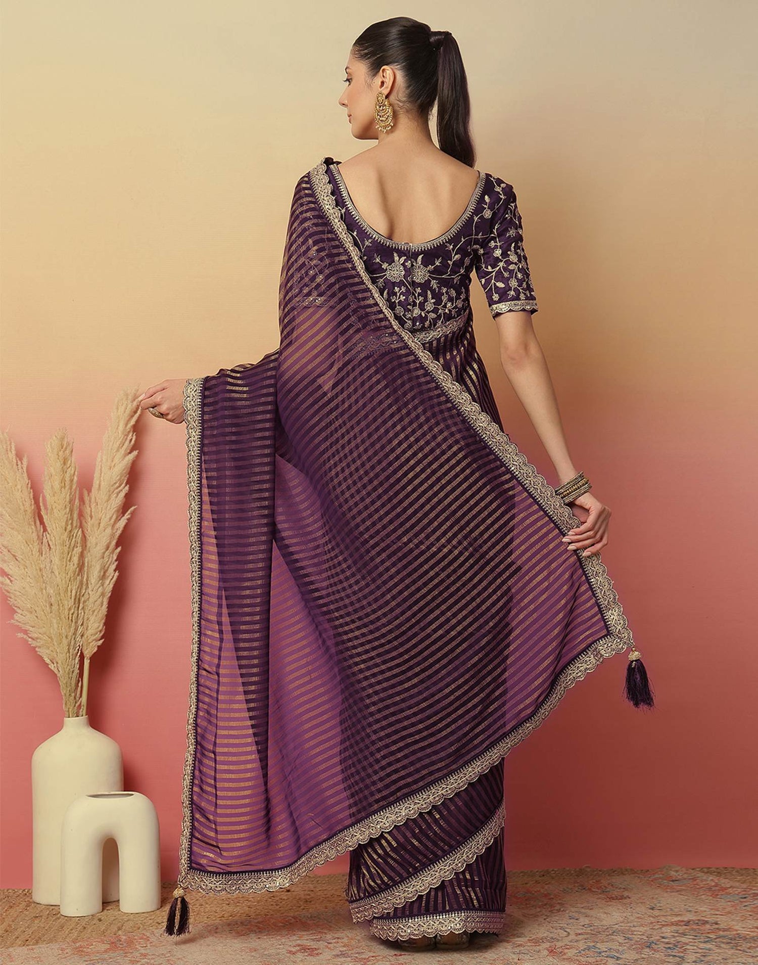 Dark Purple Georgette Zari Stripe Lace Saree