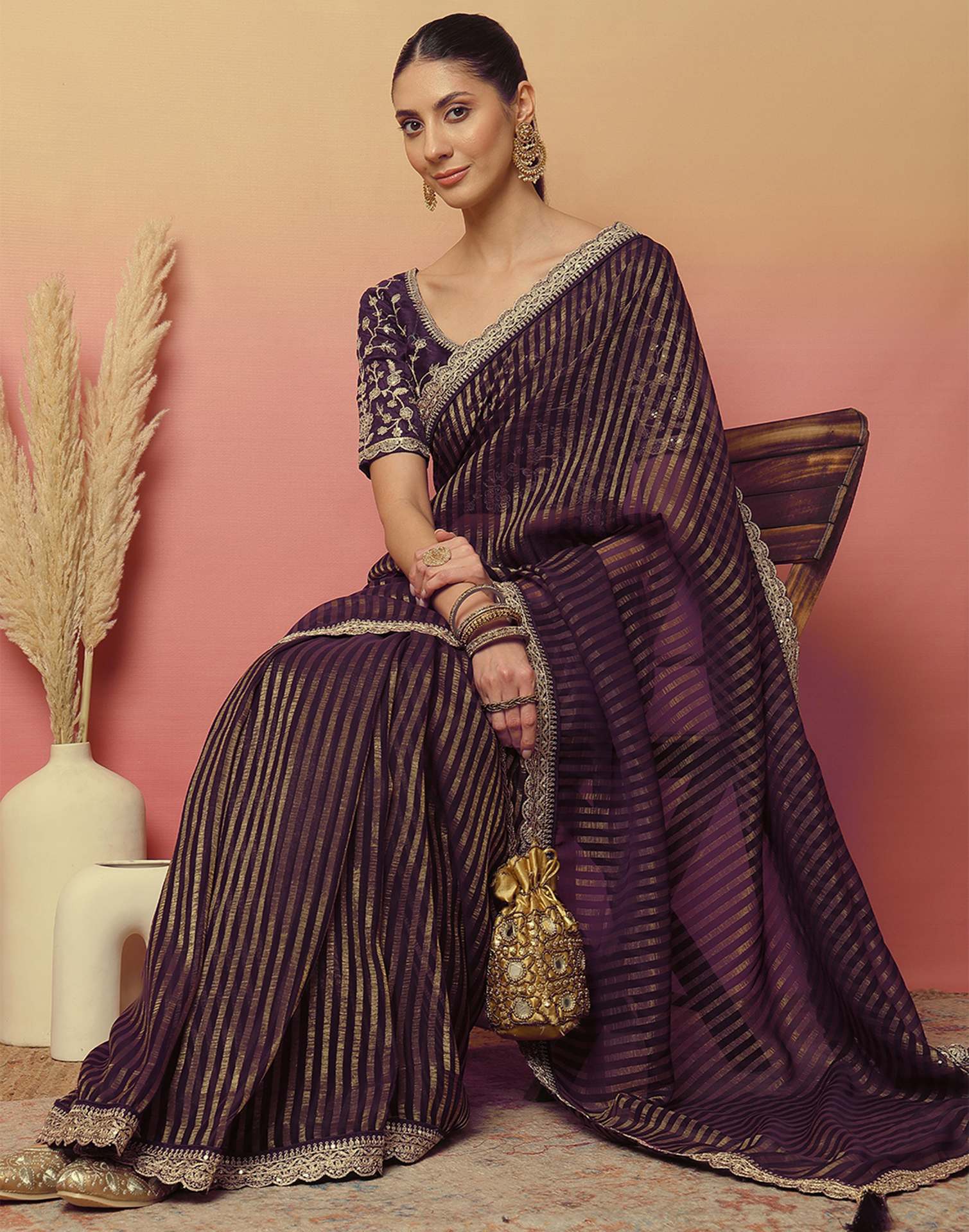 Dark Purple Georgette Zari Stripe Lace Saree