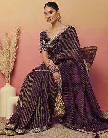 Dark Purple Georgette Zari Stripe Lace Saree