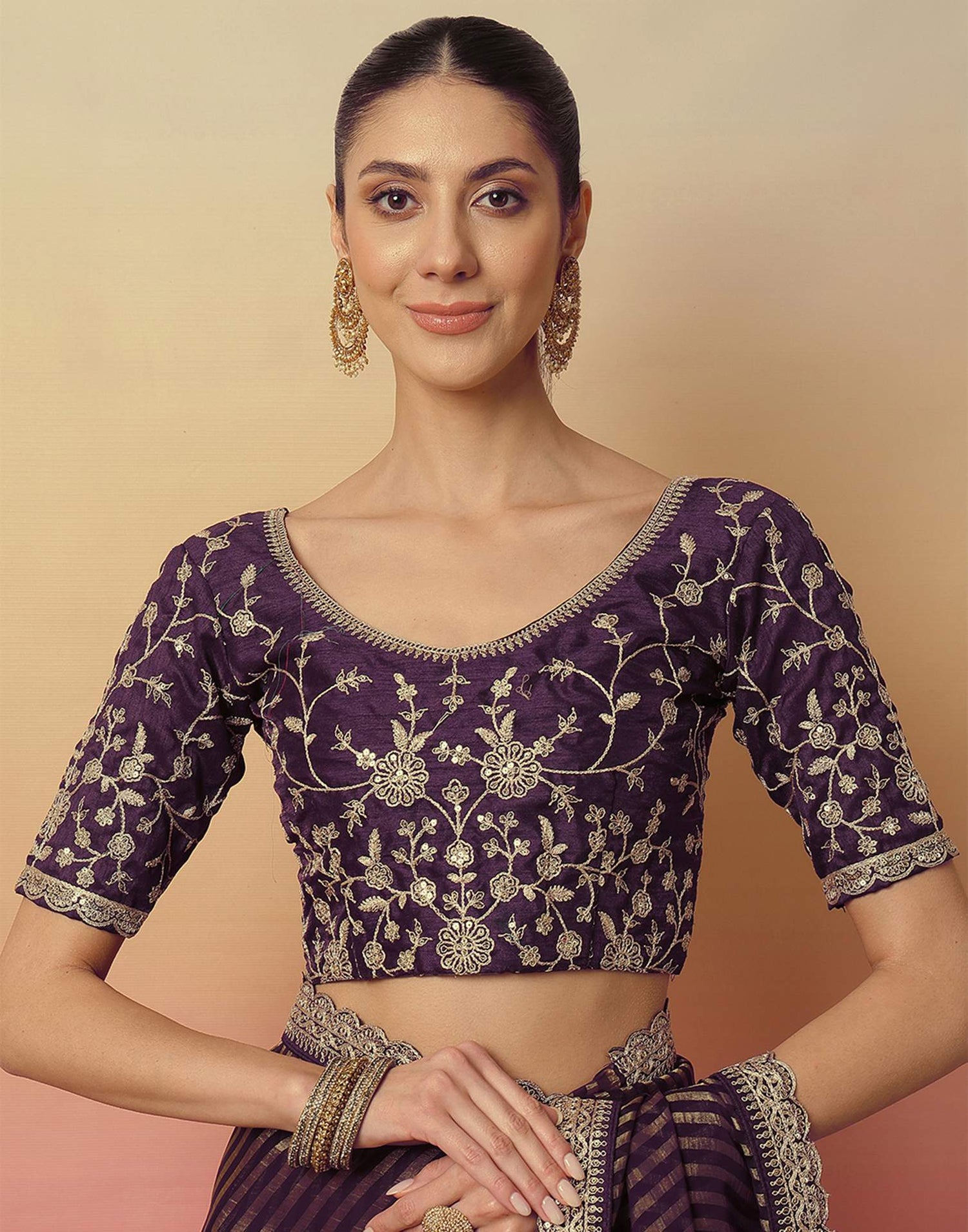 Dark Purple Georgette Zari Stripe Lace Saree