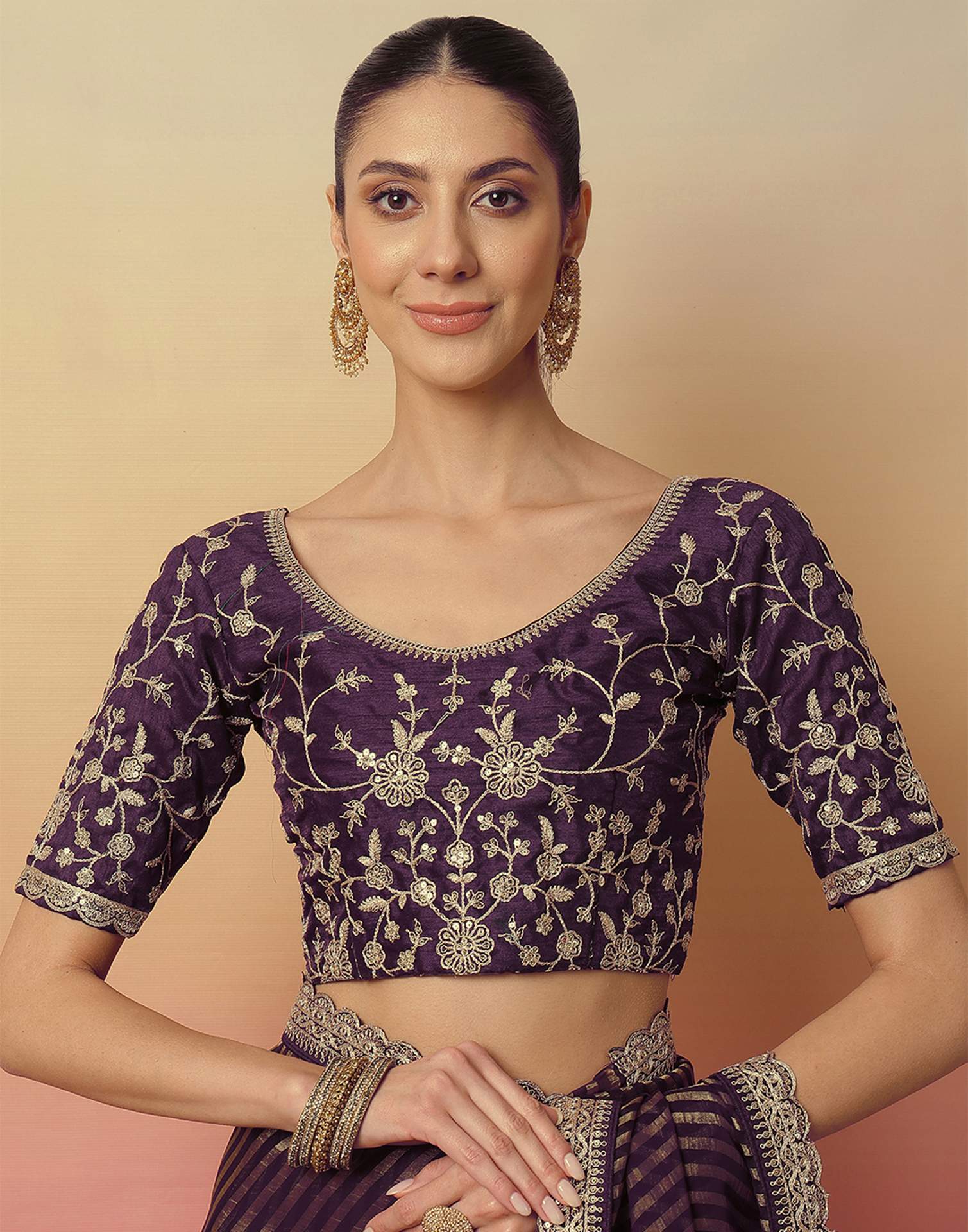 Dark Purple Georgette Zari Stripe Lace Saree