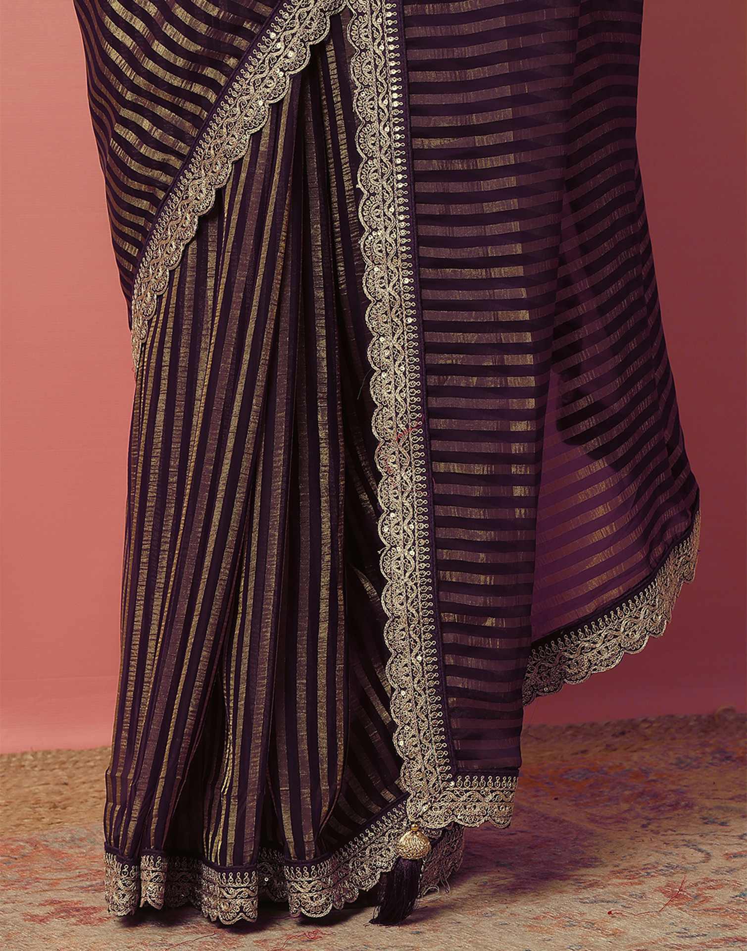 Dark Purple Georgette Zari Stripe Lace Saree