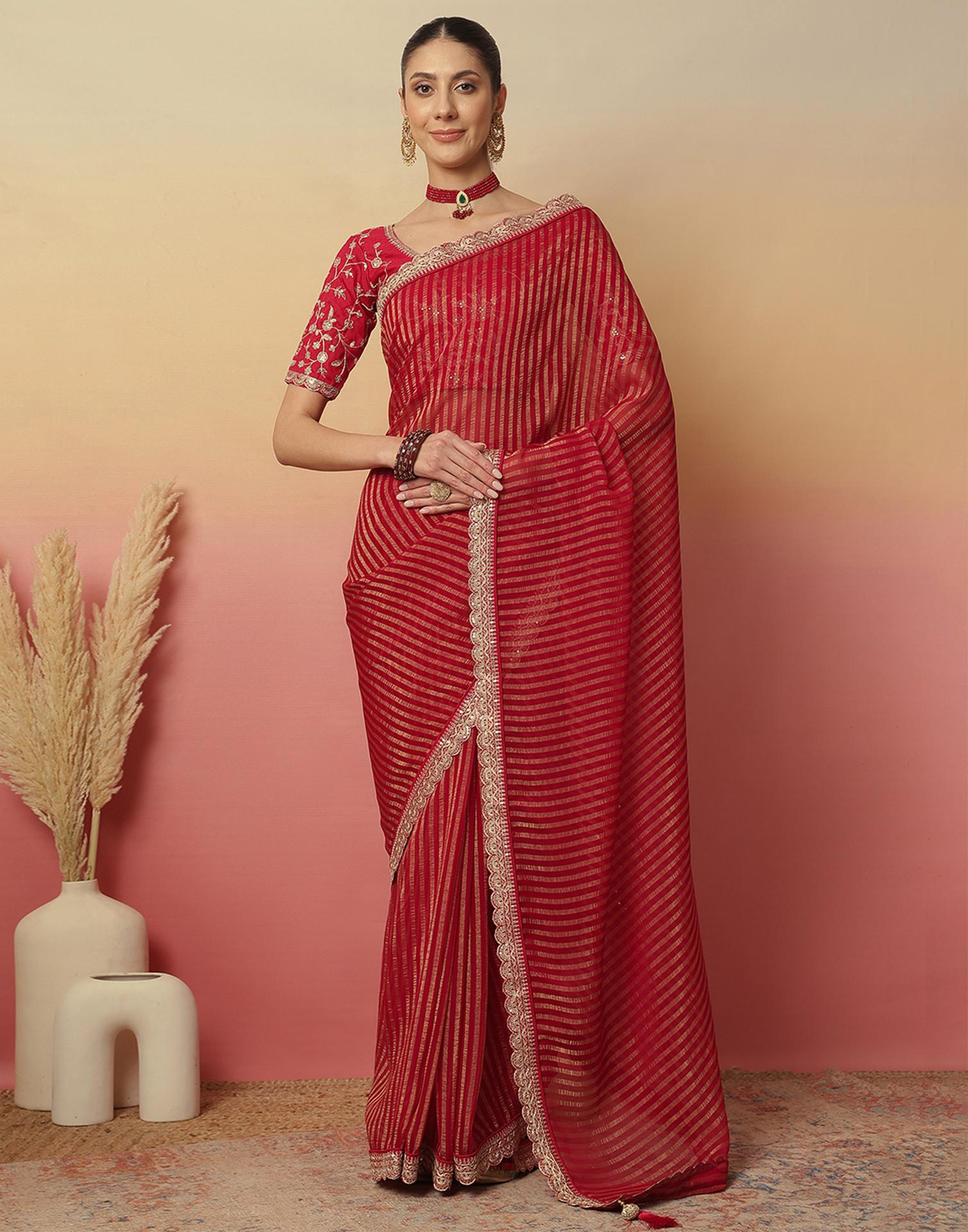 Dark Rani Pink Georgette Zari Stripe Lace Saree