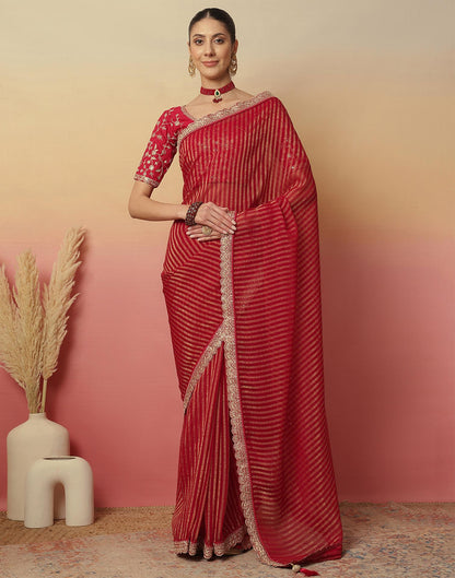 Dark Rani Pink Georgette Zari Stripe Lace Saree