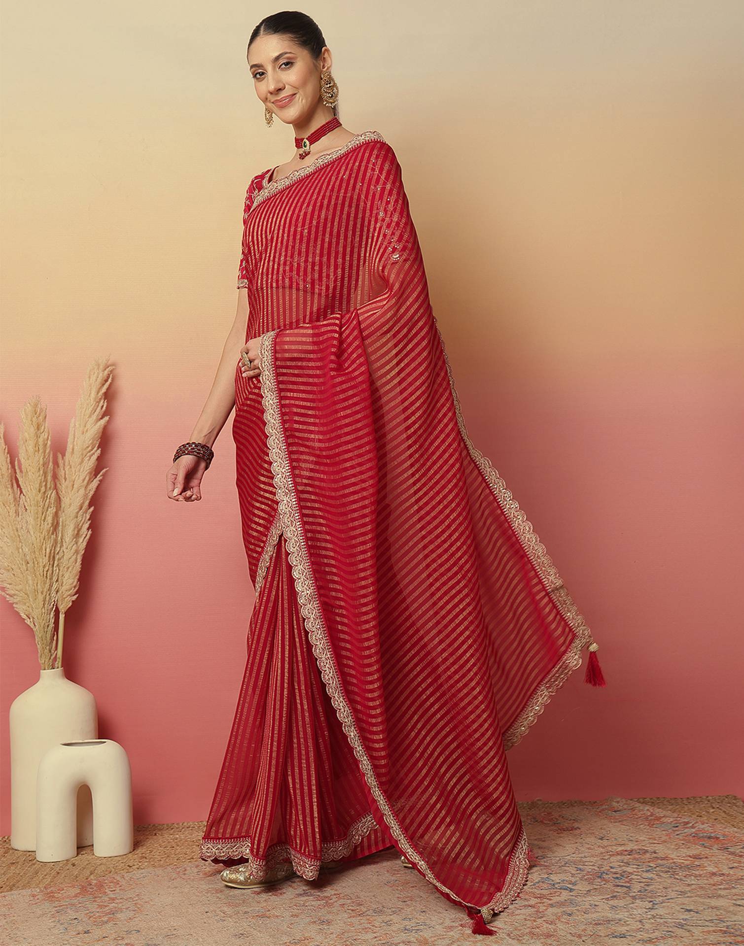 Dark Rani Pink Georgette Zari Stripe Lace Saree