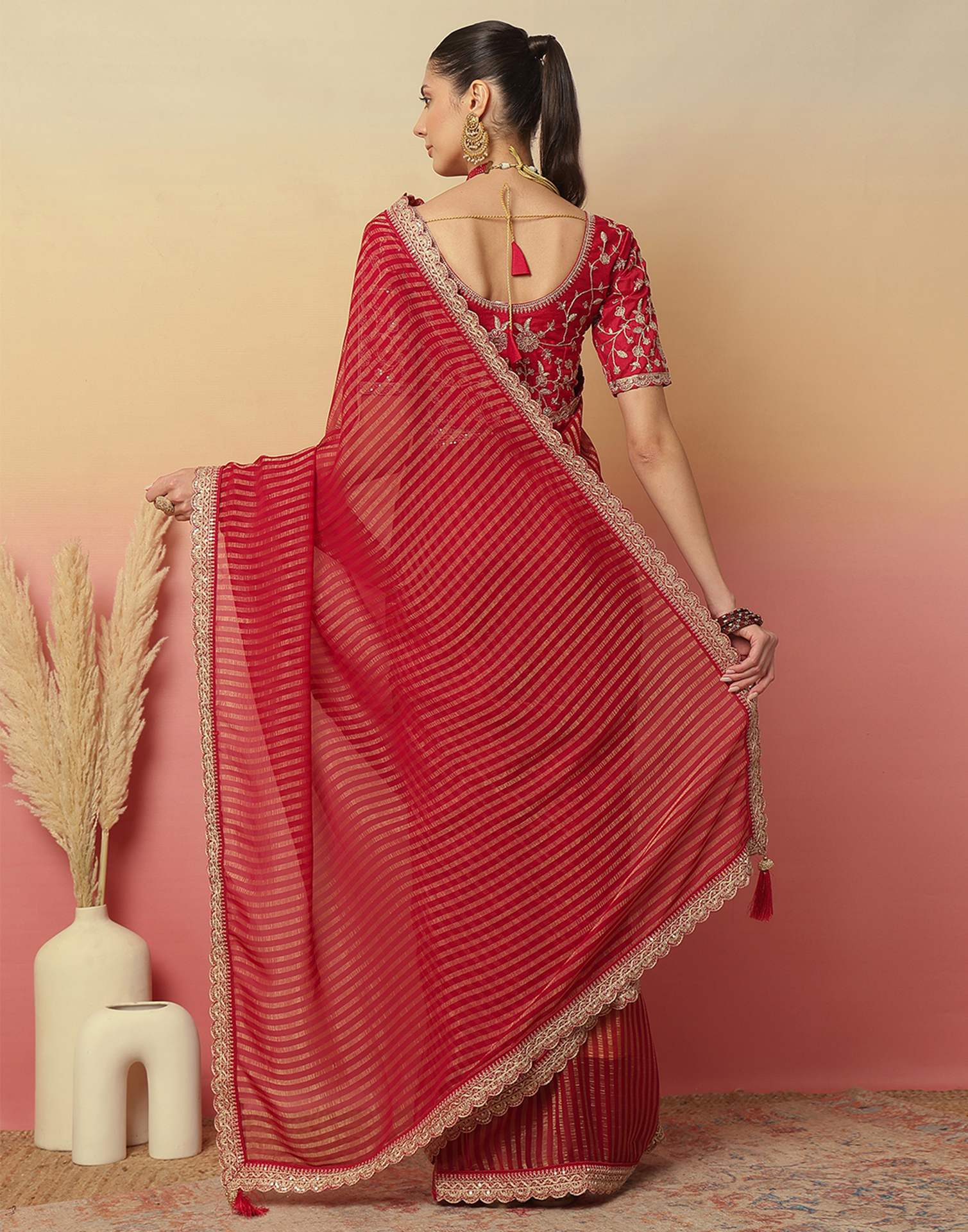 Dark Rani Pink Georgette Zari Stripe Lace Saree