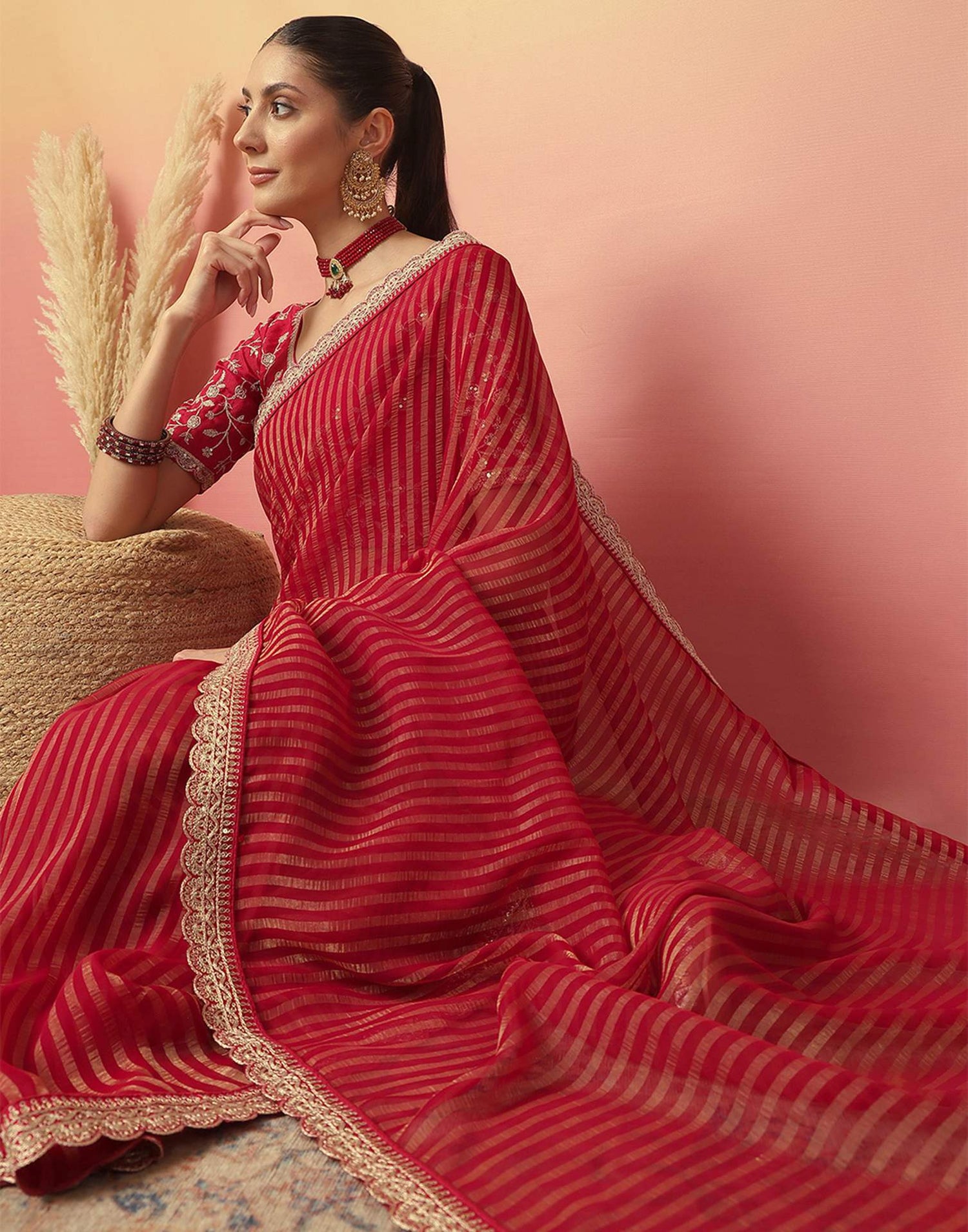Dark Rani Pink Georgette Zari Stripe Lace Saree