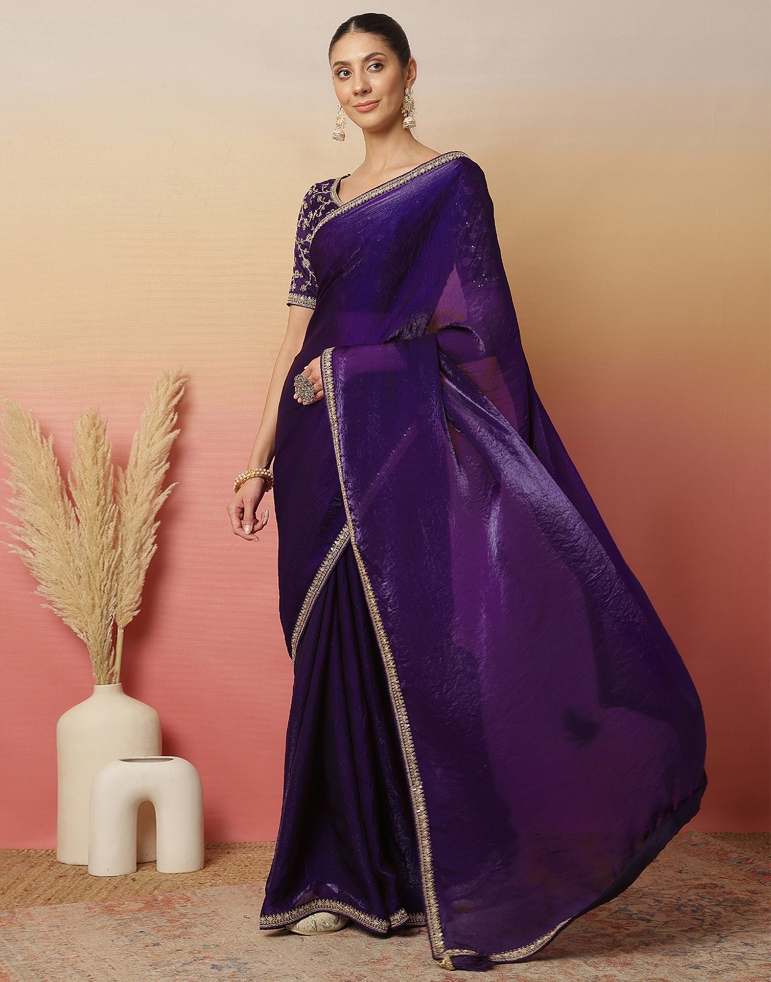 Purple Tissue Silk Sequence Lace Saree