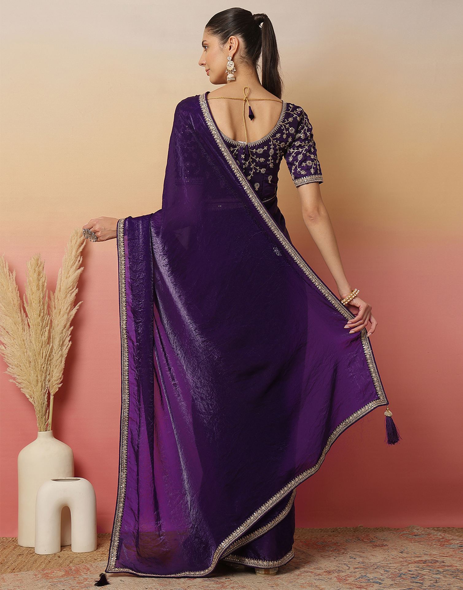 Purple Tissue Silk Sequence Lace Saree