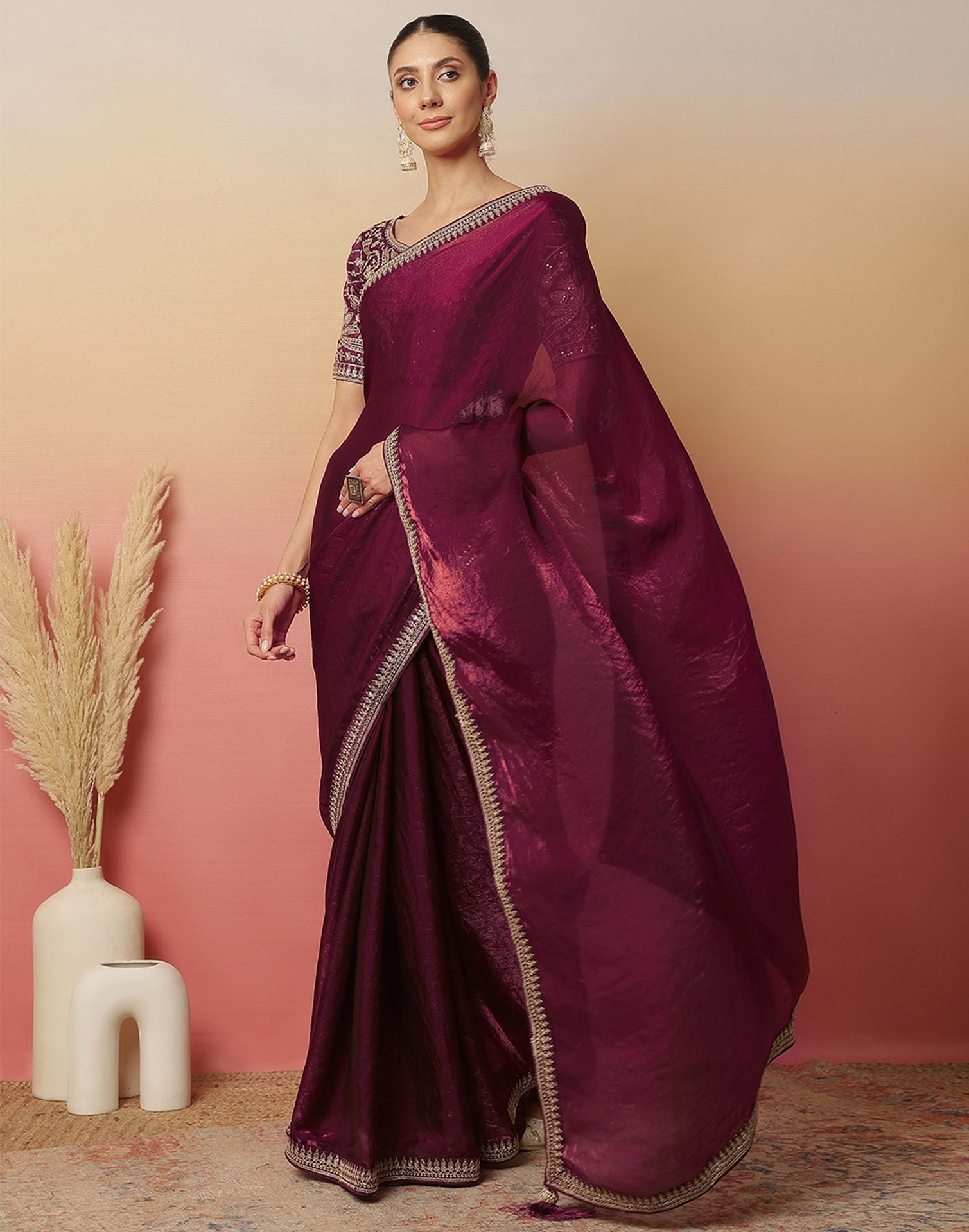 Dark Wine Tissue Silk Sequence Lace Saree
