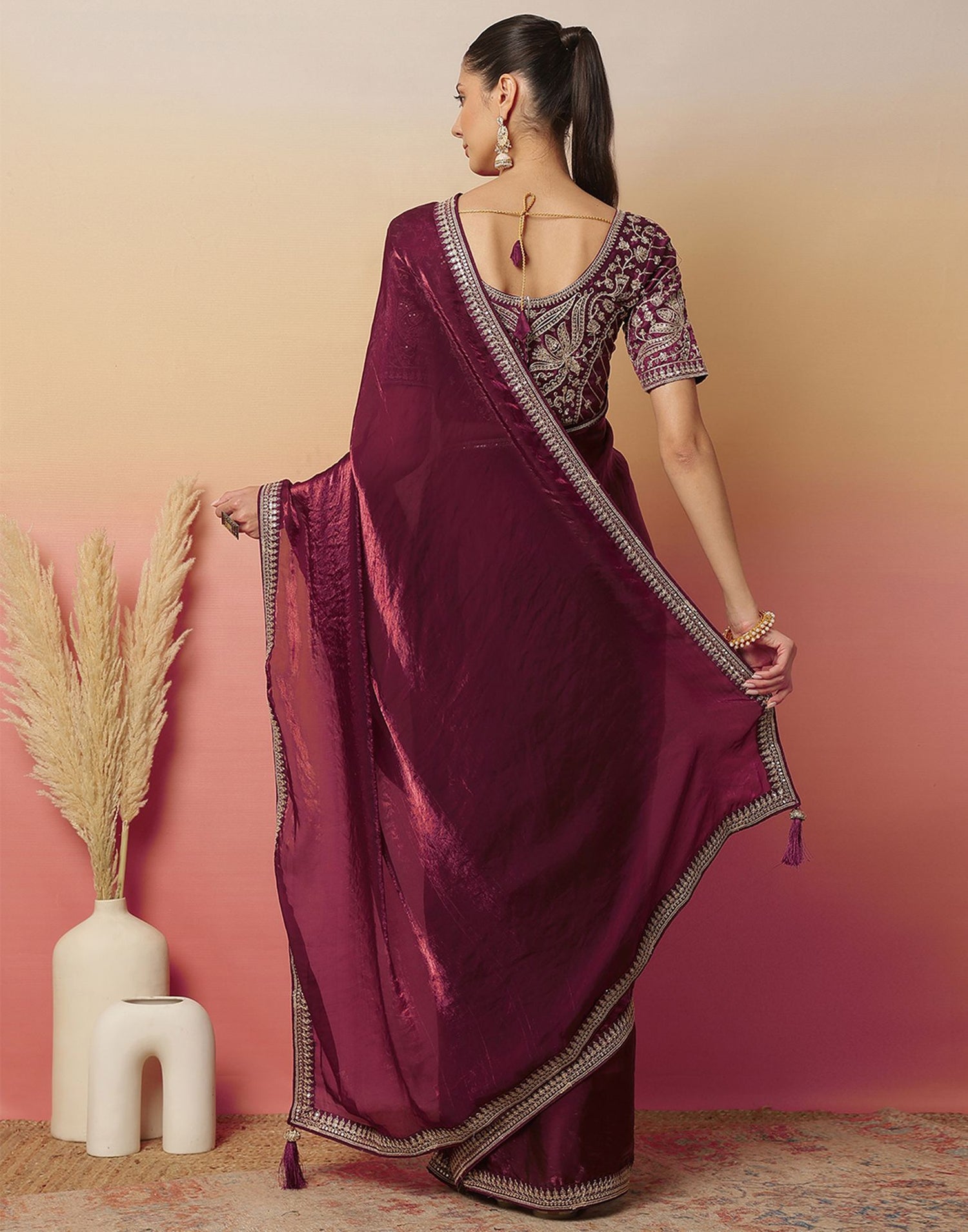 Dark Wine Tissue Silk Sequence Lace Saree