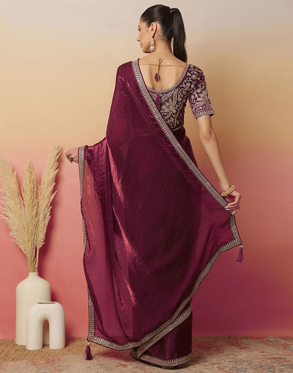 Dark Wine Tissue Silk Sequence Lace Saree
