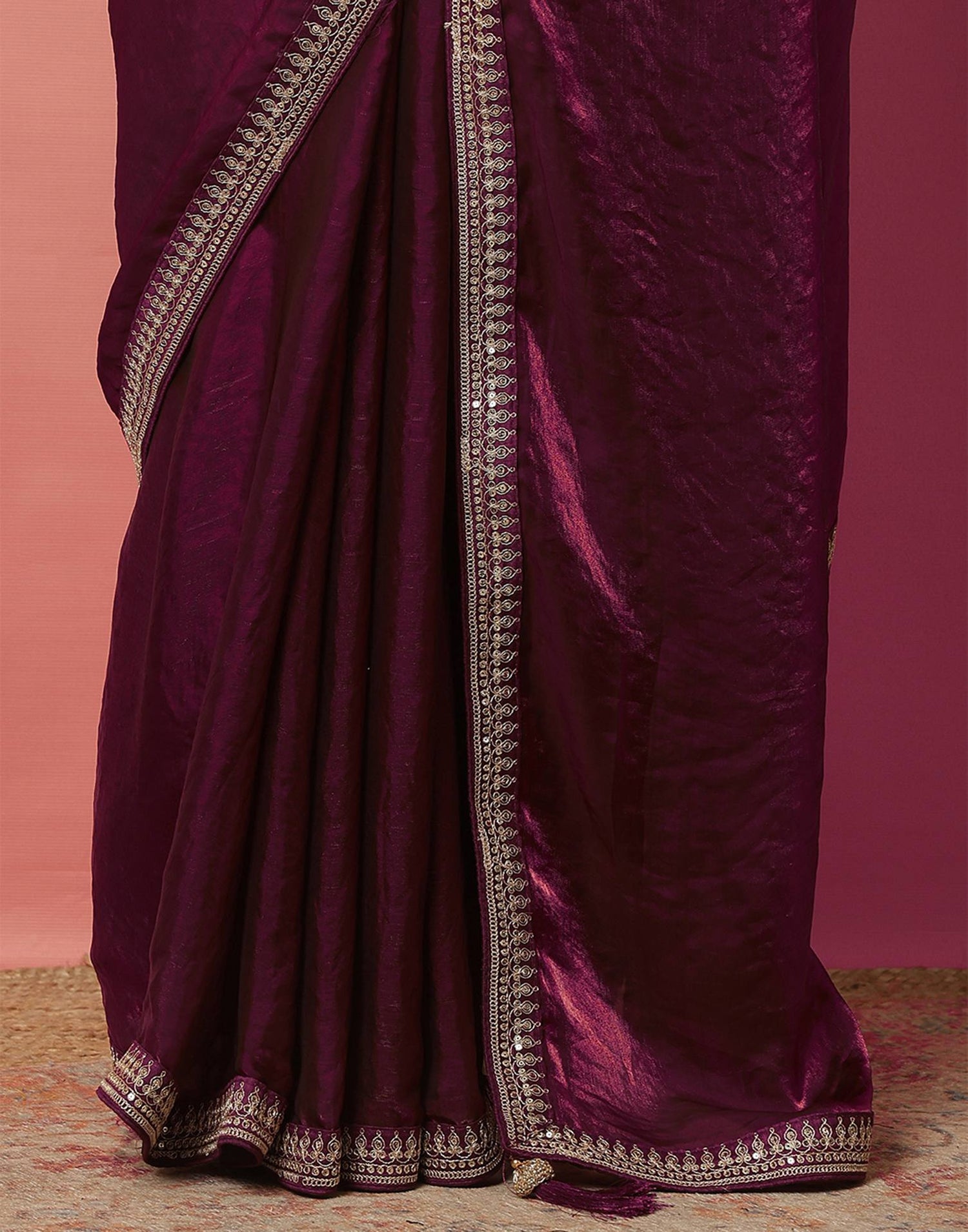 Dark Wine Tissue Silk Sequence Lace Saree