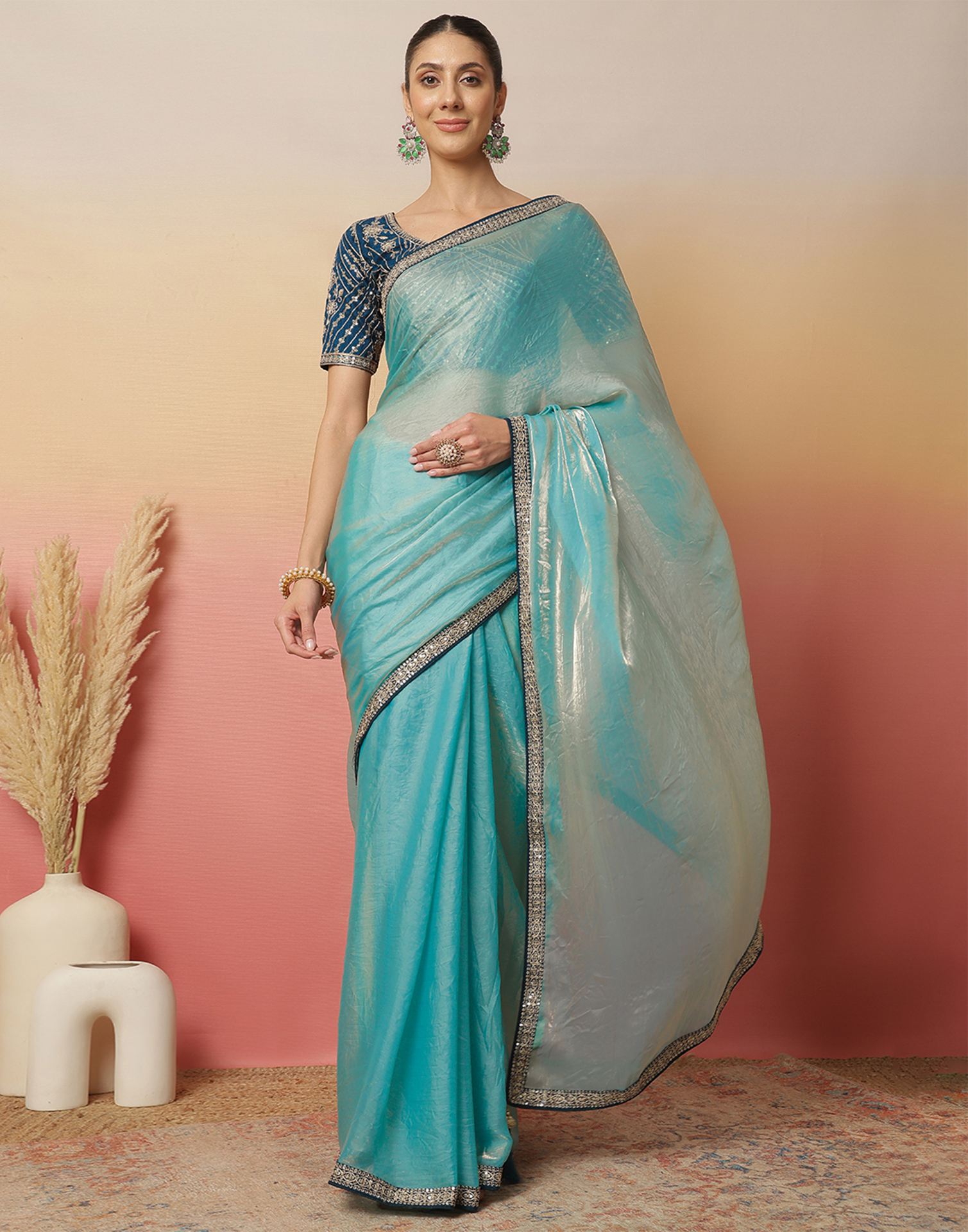Light Blue Tissue Silk Sequence Lace Saree