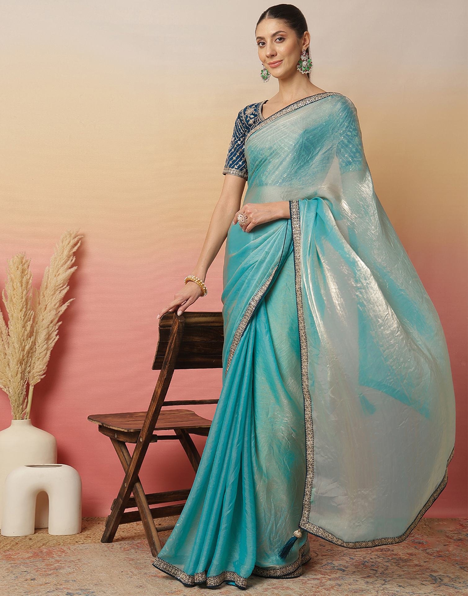 Light Blue Tissue Silk Sequence Lace Saree