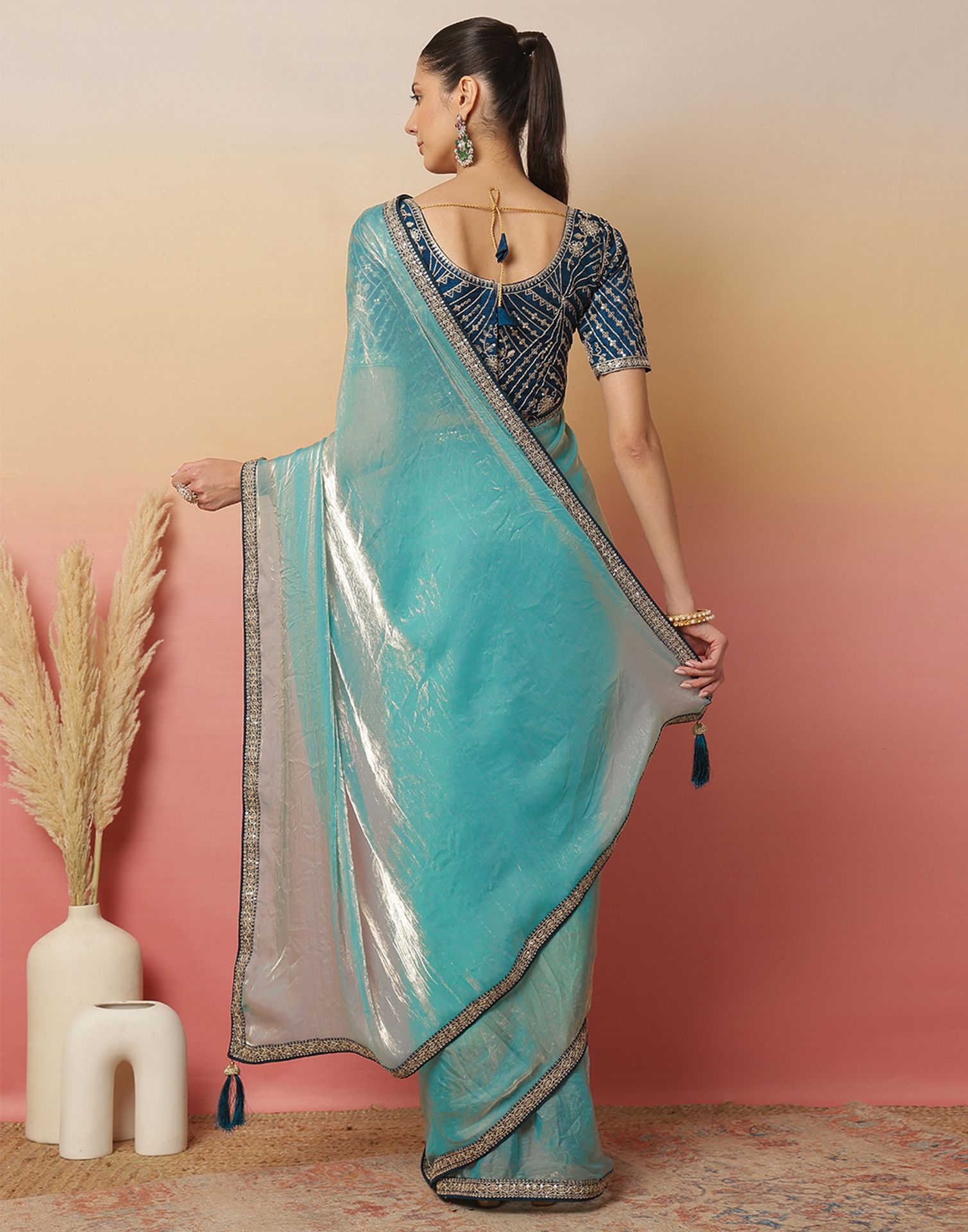 Light Blue Tissue Silk Sequence Lace Saree