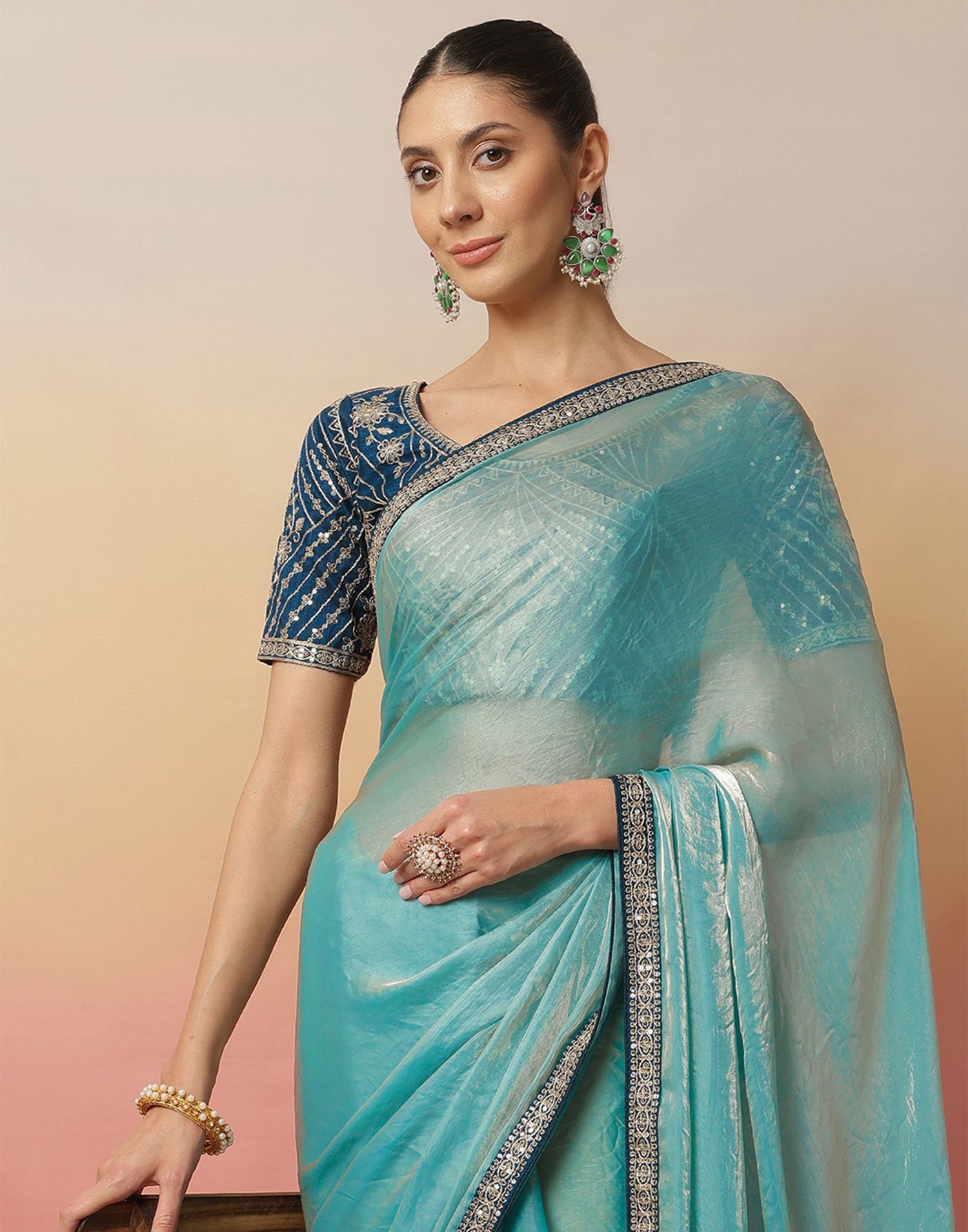 Light Blue Tissue Silk Sequence Lace Saree