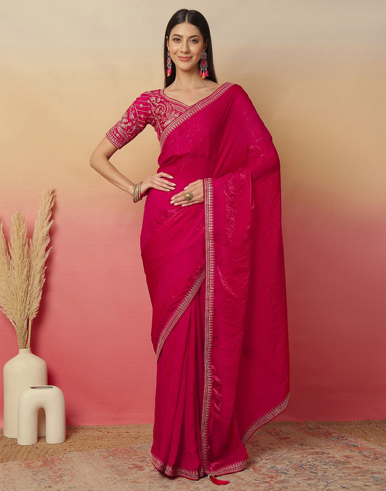 Dark Pink Tissue Silk Sequence Lace Saree