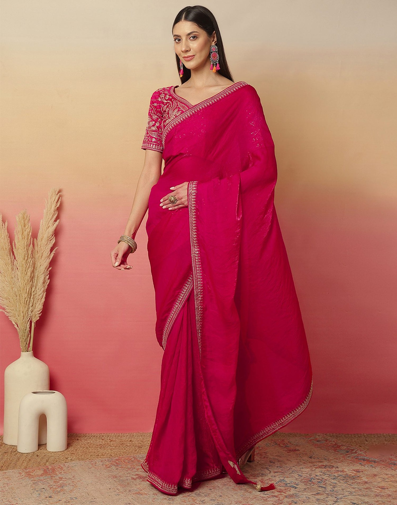 Dark Pink Tissue Silk Sequence Lace Saree
