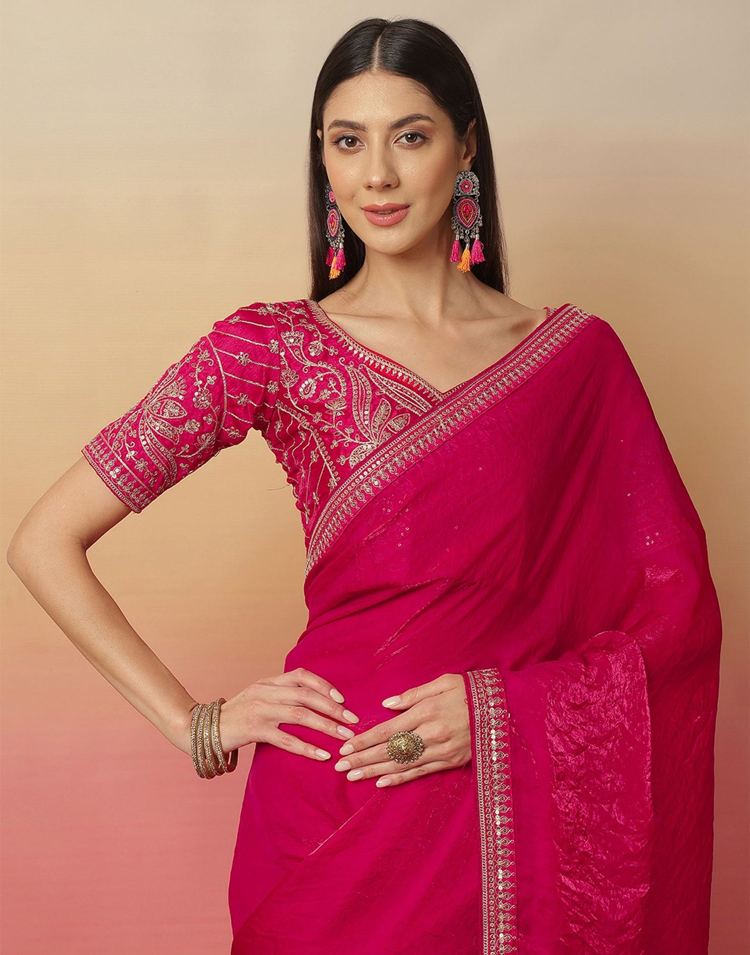 Dark Pink Tissue Silk Sequence Lace Saree