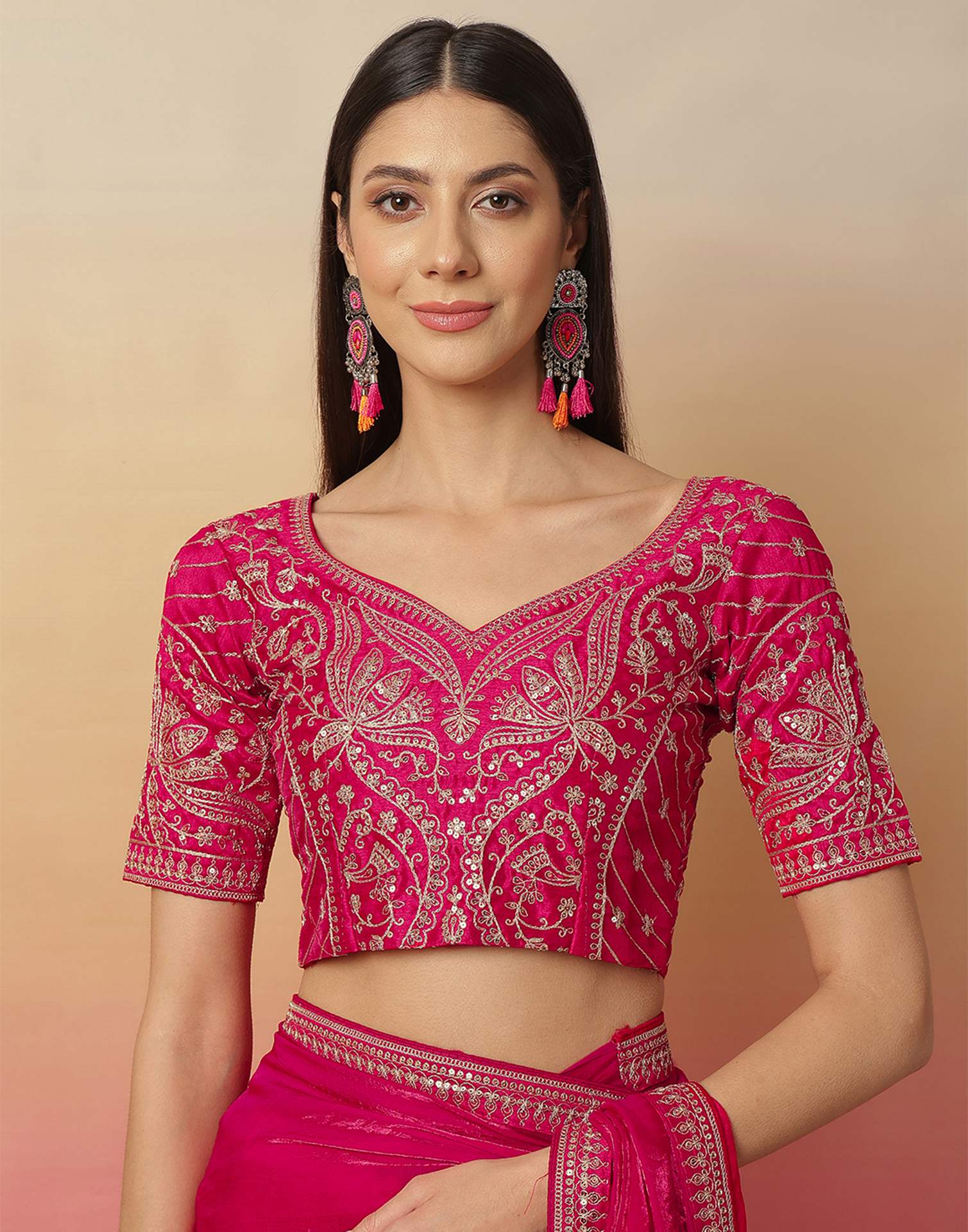 Dark Pink Tissue Silk Sequence Lace Saree