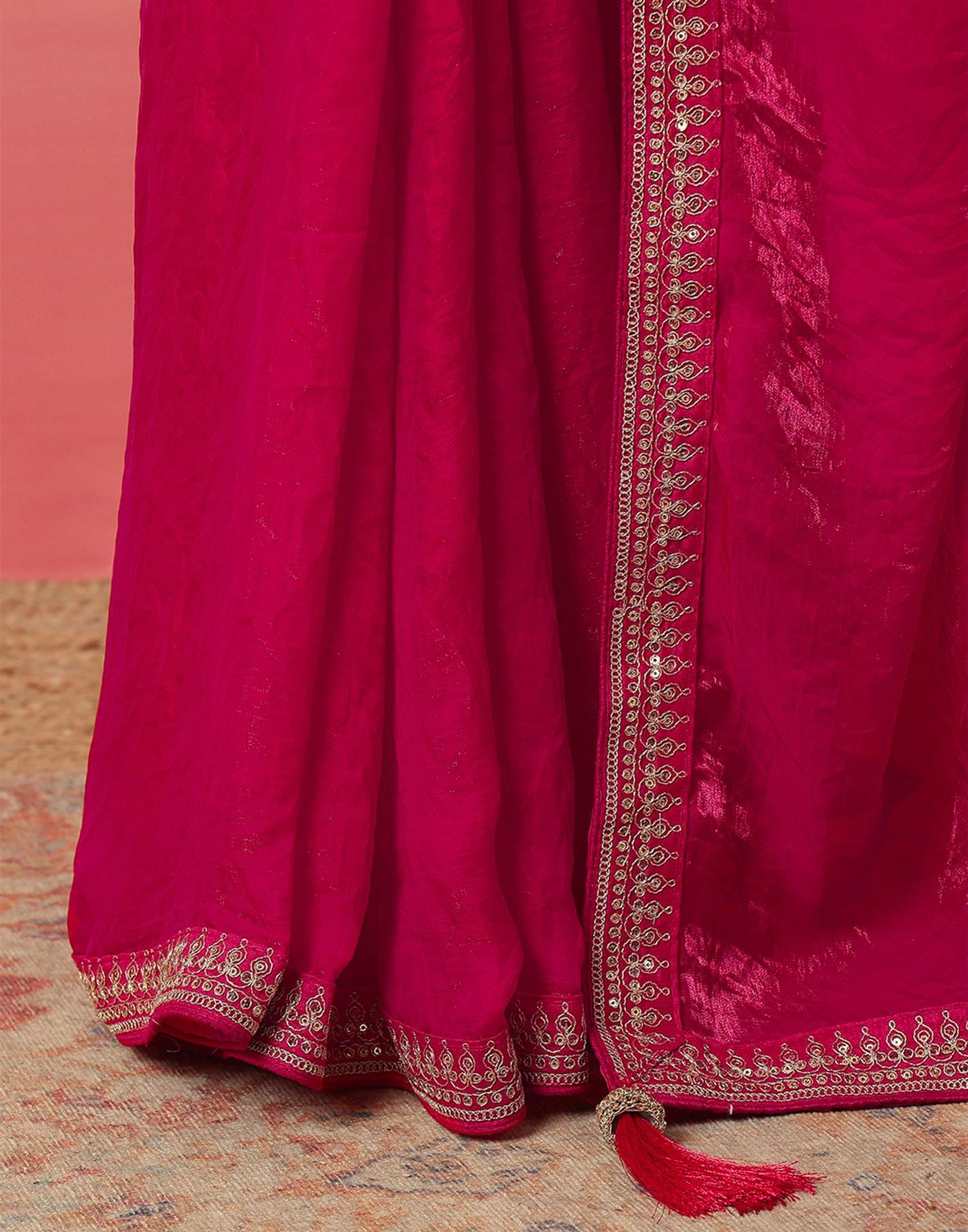 Dark Pink Tissue Silk Sequence Lace Saree
