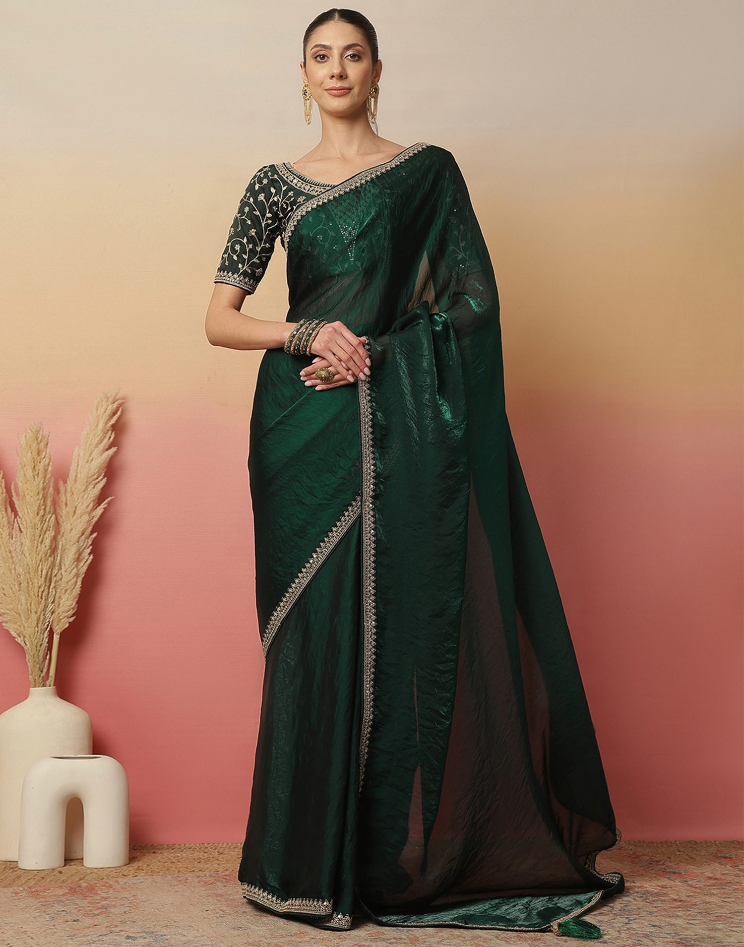 Dark Green Tissue Silk Sequence Lace Saree