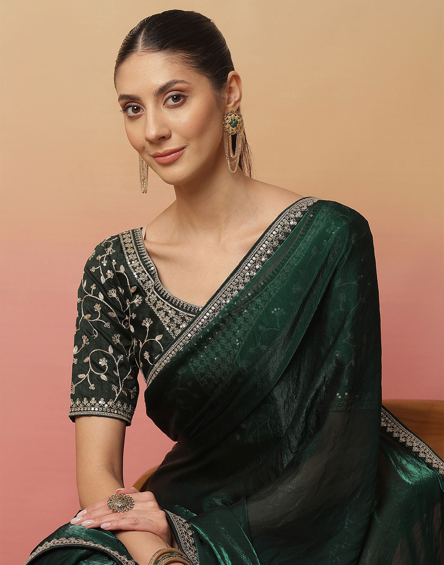Dark Green Tissue Silk Sequence Lace Saree