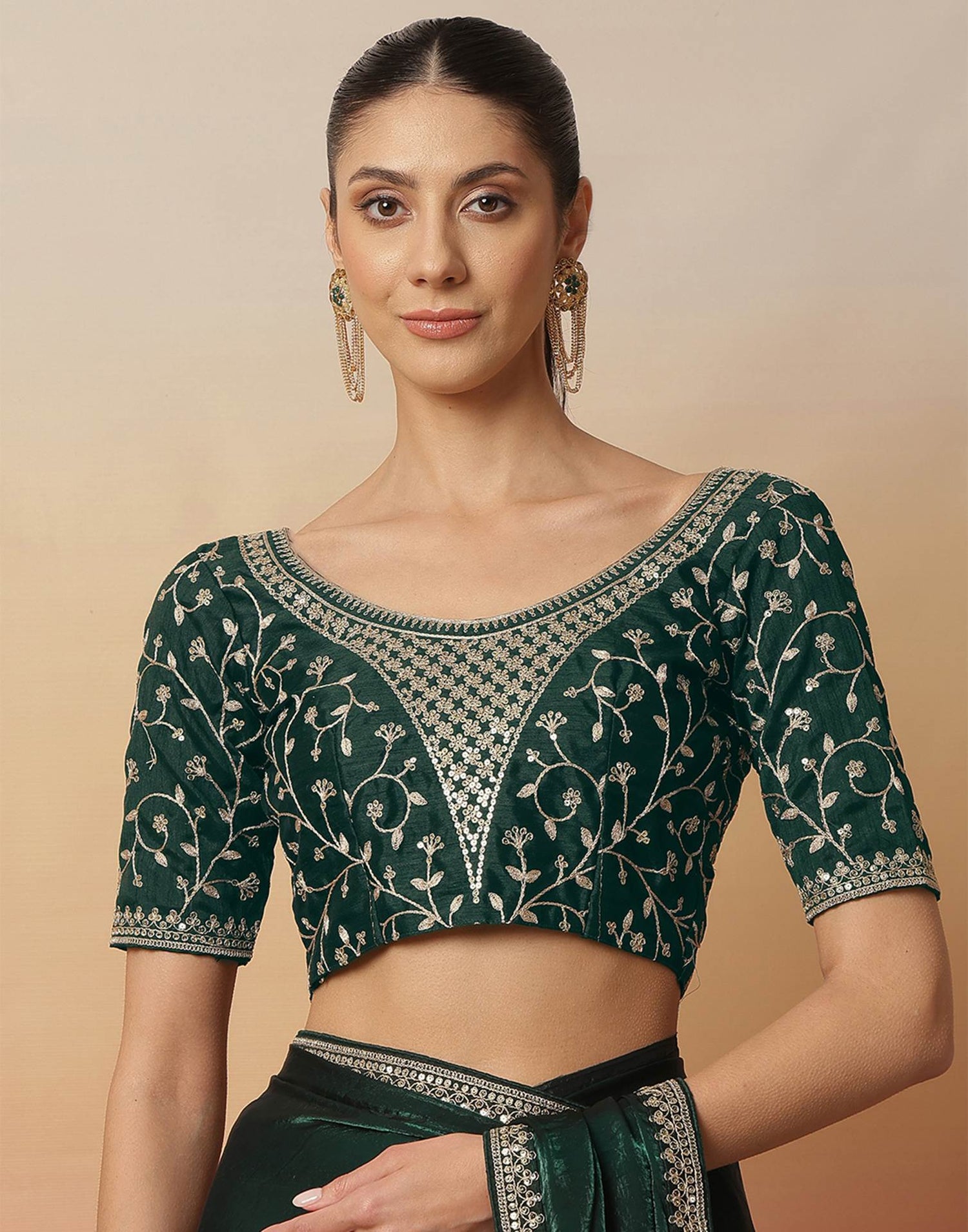 Dark Green Tissue Silk Sequence Lace Saree