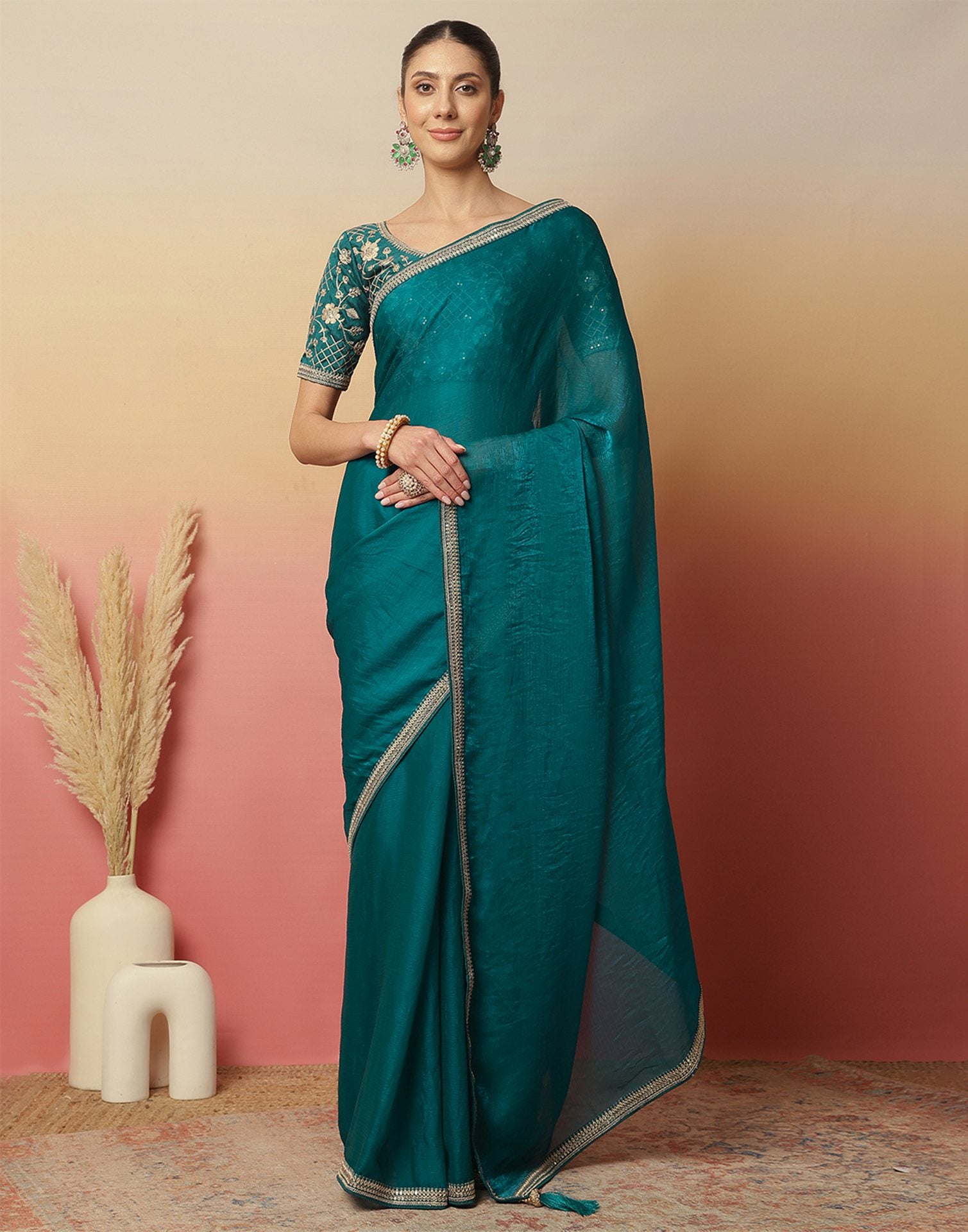 Teal Green Shimmer Sequence Lace Saree