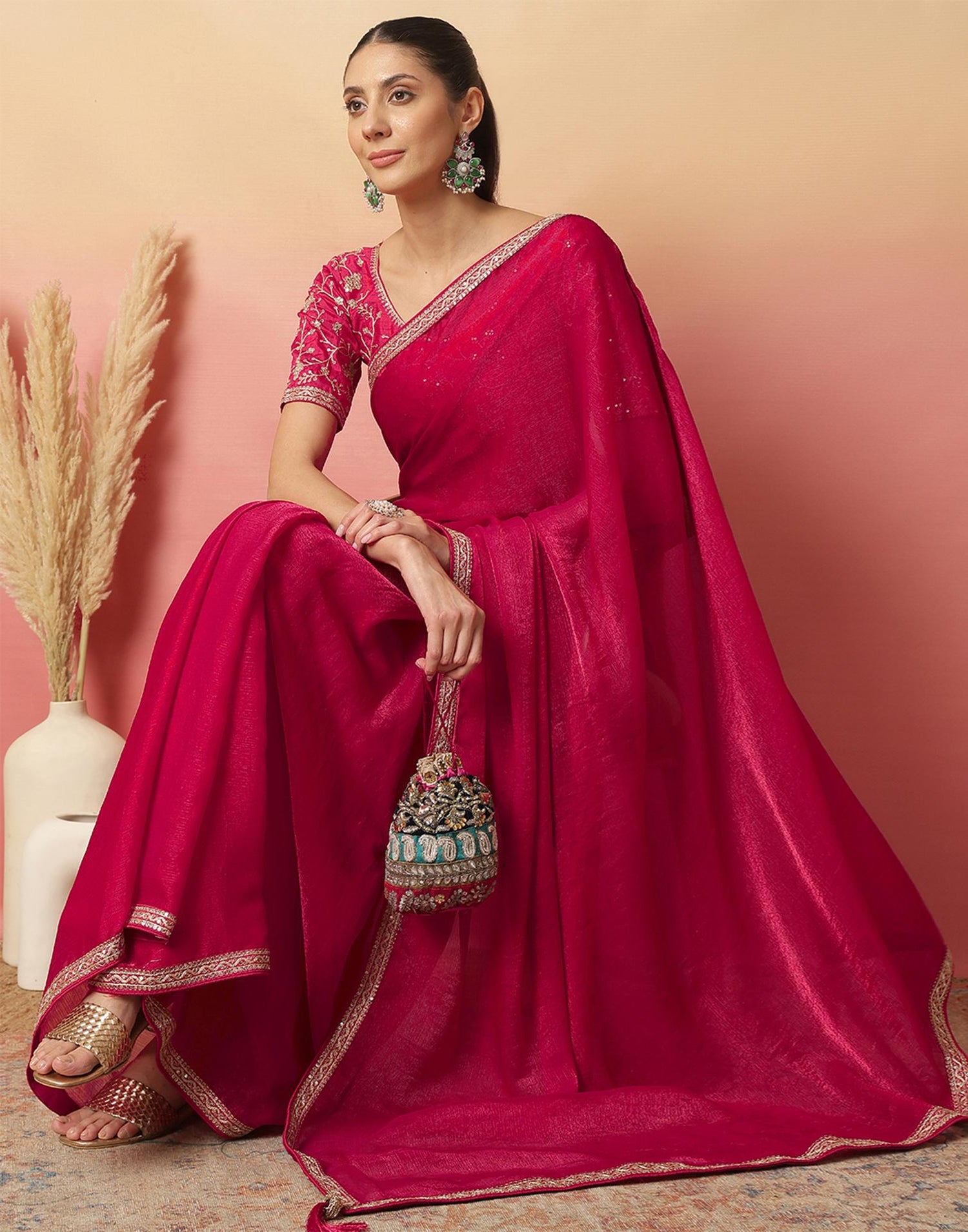 Rani Pink Shimmer Sequence Lace Saree