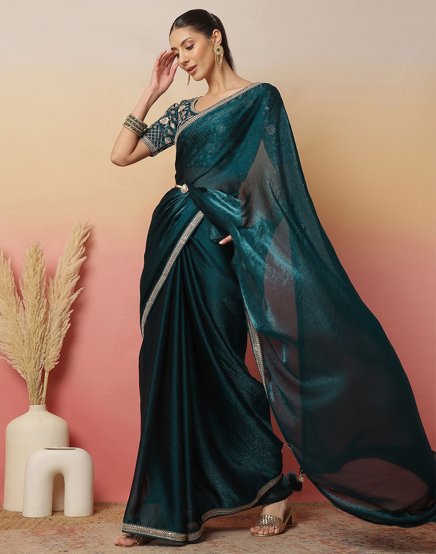 Rama Green Shimmer Sequence Lace Saree
