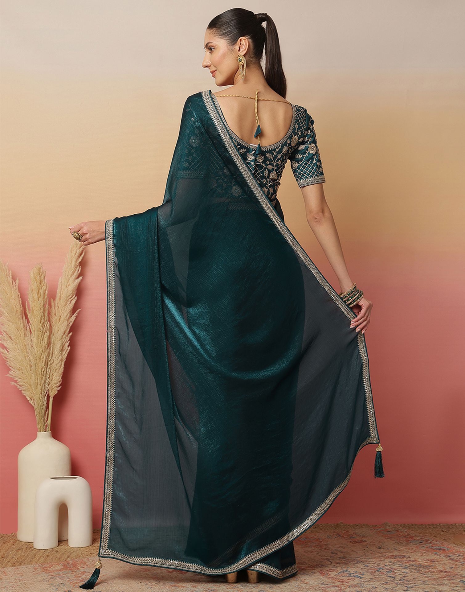 Rama Green Shimmer Sequence Lace Saree